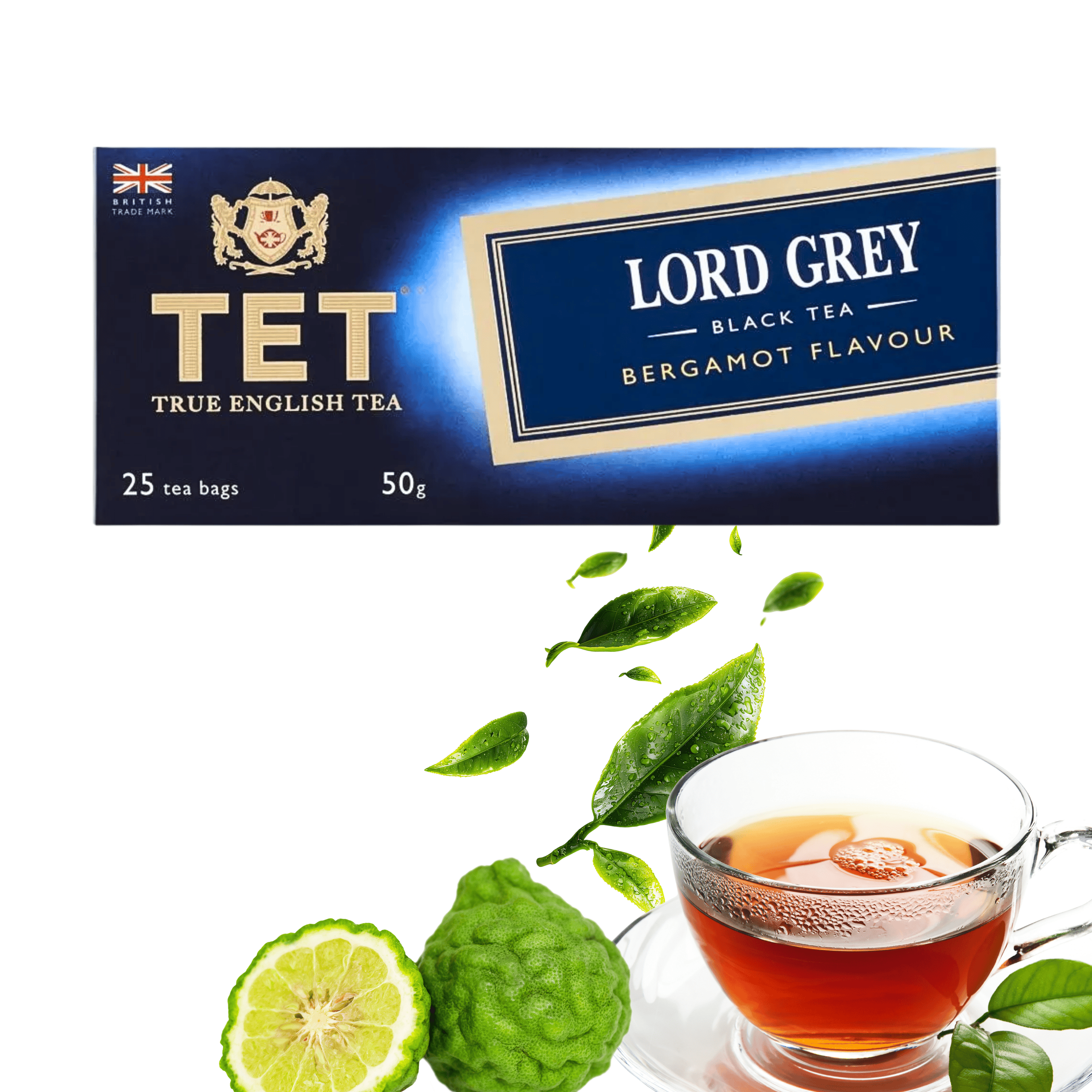 Opakowanie herbaty czarnej TET Lord Grey o smaku bergamotki, zawierające 25 torebek, 50g. Obok filiżanka herbaty oraz owoce i liście bergamotki.