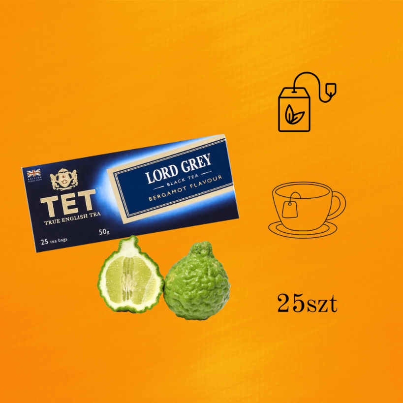 Opakowanie herbaty czarnej bergamotka Premium TET Lord Grey 25 torebek 50g na pomarańczowym tle, obok którego znajduje się owoc bergamotki oraz napisy \'25szt\'.