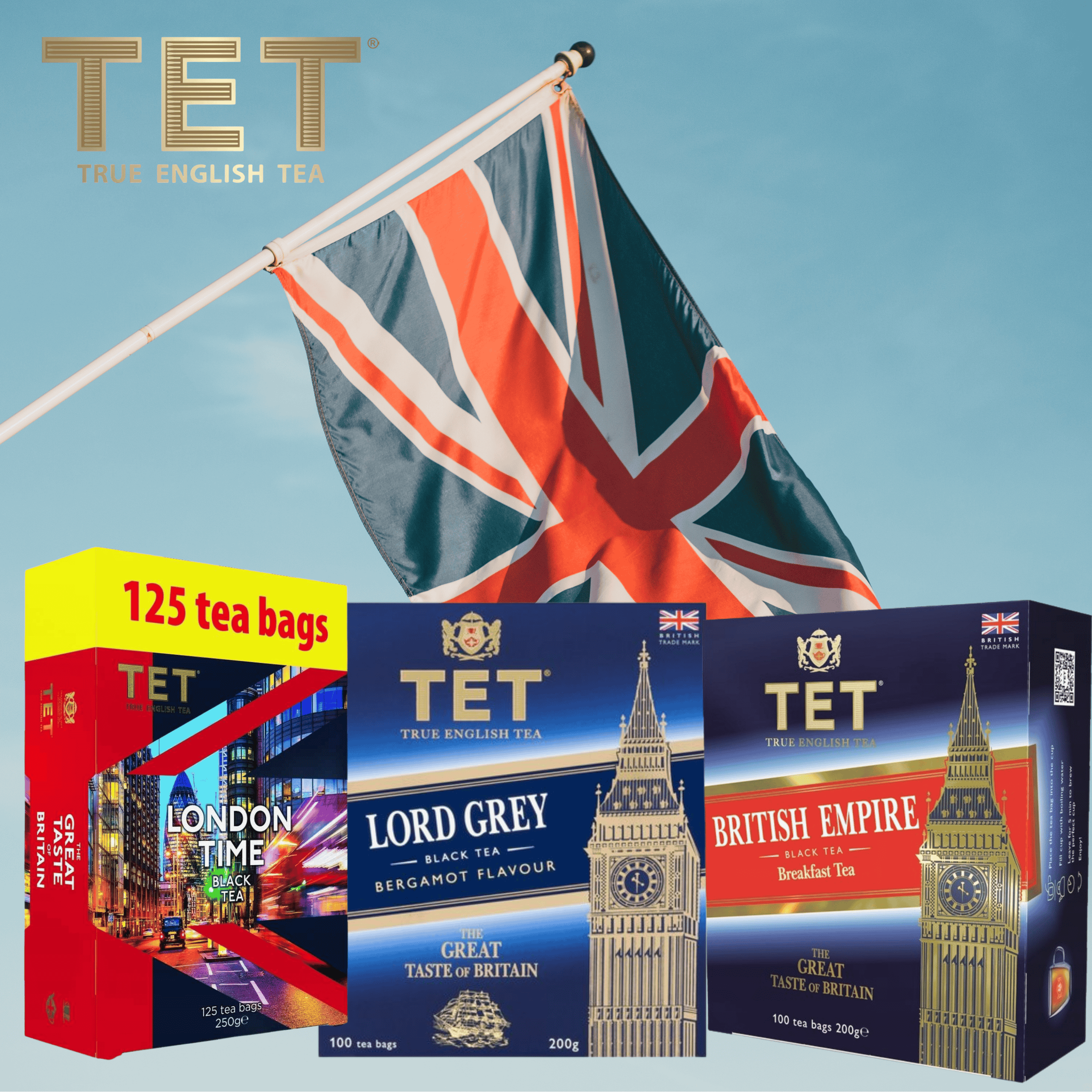 Na obrazie widoczne są opakowania herbaty marki TET z napisami: \'LONDON TIME\', \'LORD GREY\', \'BRITISH EMPIRE\', a w tle powiewa flaga brytyjska. Na opakowaniach znajdują się ilustracje Big Bena oraz teksty \'125 tea bags\', \'100 tea bags 200g\'.