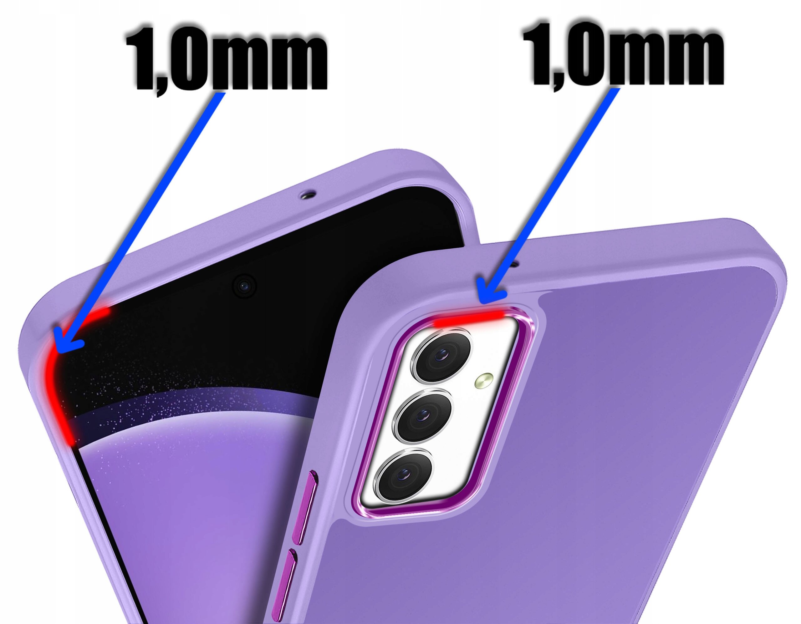Fioletowe etui na telefon z trzema wycięciami na aparaty, z zaznaczoną grubością 1,0 mm. Widoczny jest również ekran telefonu z wycięciem na aparat przedni.