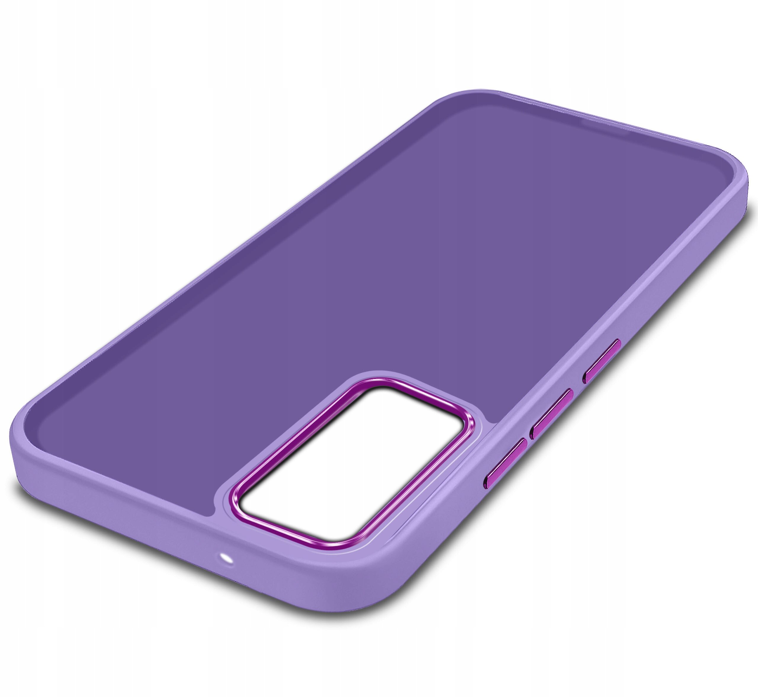 Fioletowe etui na telefon z wycięciem na aparat i przyciskami w kolorze różowym, widoczne na białym tle.