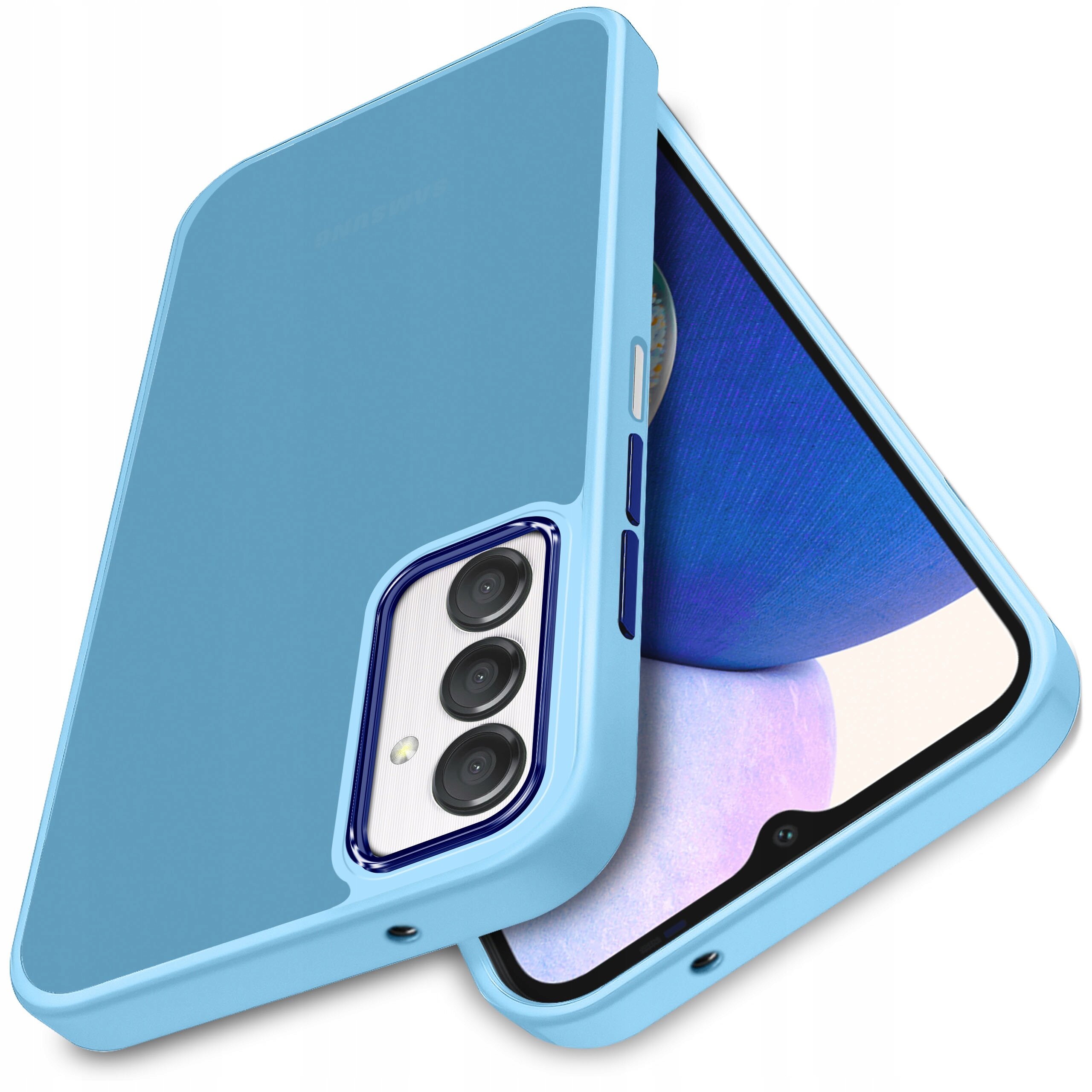 Etui do Samsung Galaxy A25 5G w kolorze niebieskim, z matowym wykończeniem, widoczne z przodu i z tyłu, z wycięciami na aparat i przyciski.