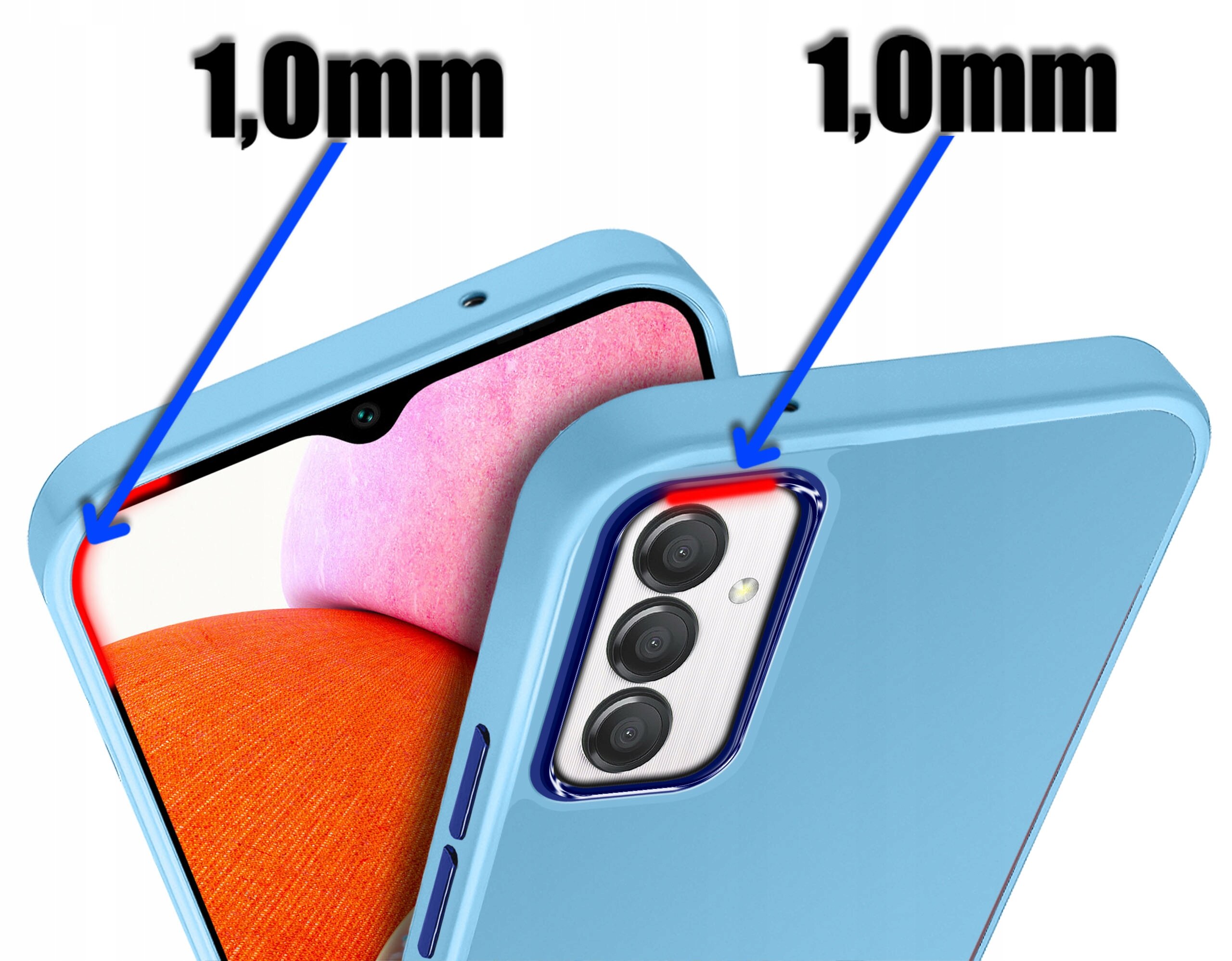Obraz przedstawia niebieskie etui na telefon z trzema aparatami, z zaznaczeniem grubości 1,0 mm. W tle widoczny jest ekran telefonu z różowo-pomarańczowym tłem.