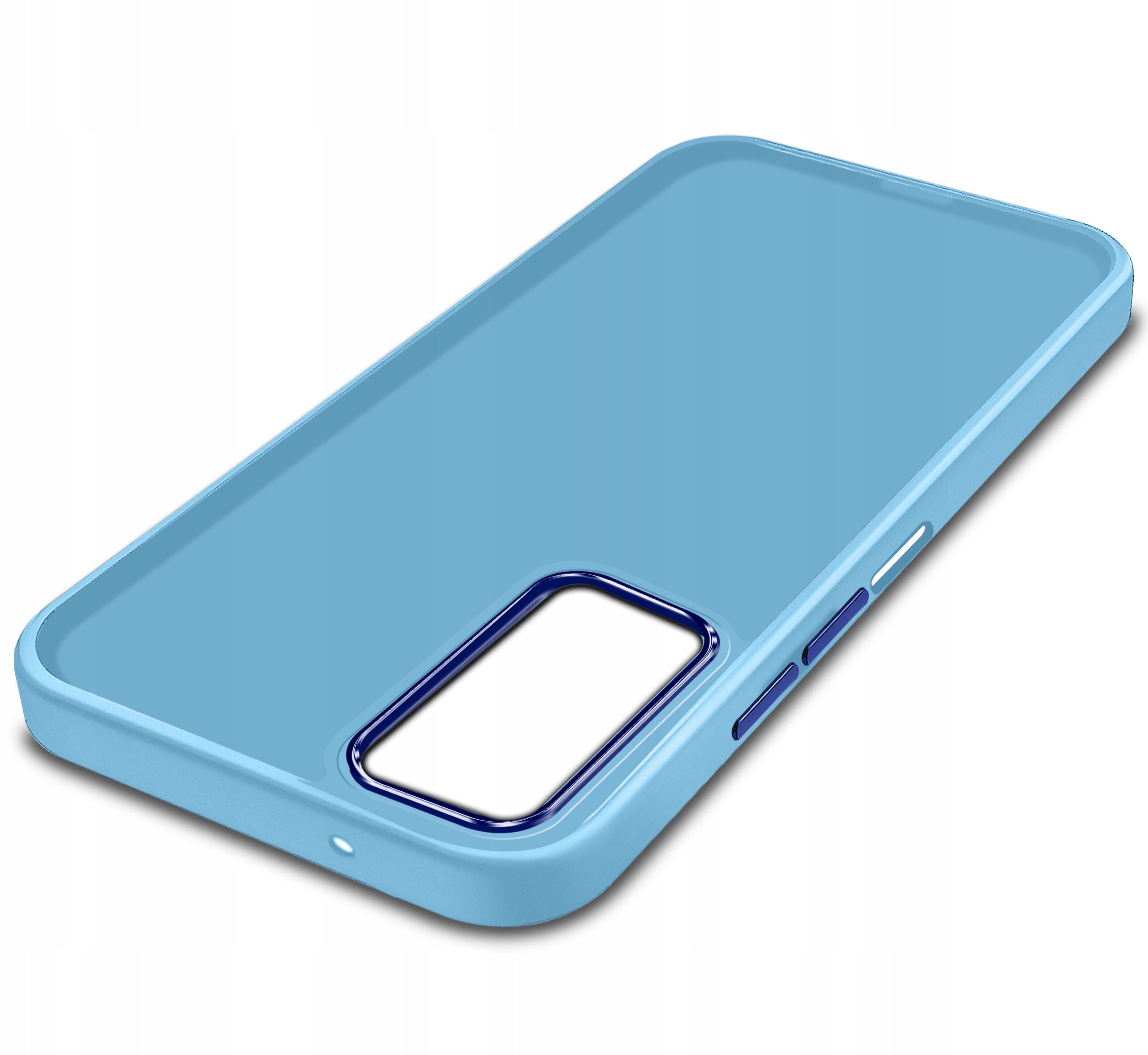 Niebieskie etui na telefon z wycięciem na aparat i przyciski boczne, wykonane z matowego materiału.
