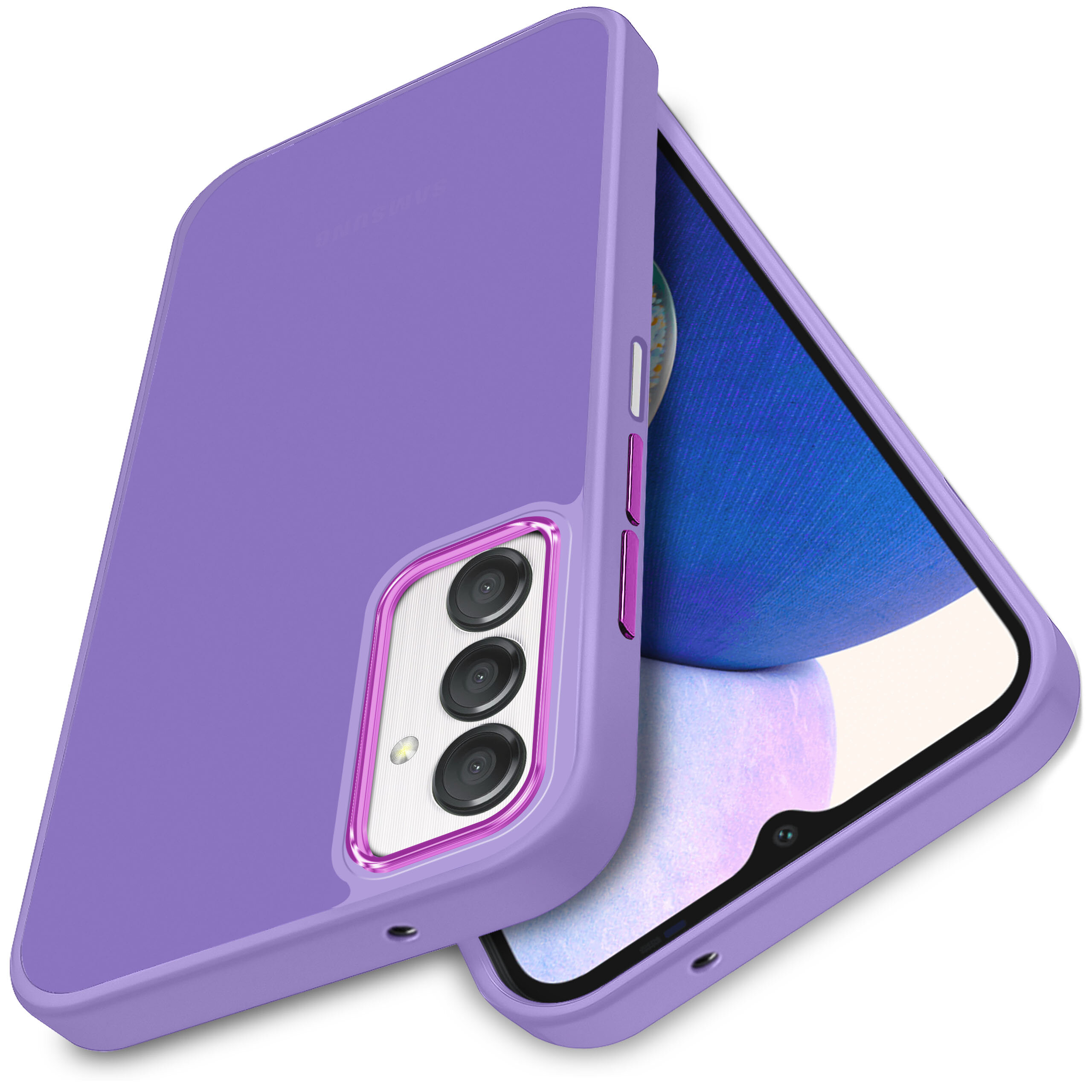 Fioletowe etui na telefon z trzema wycięciami na aparaty, widoczne na tle białej powierzchni.