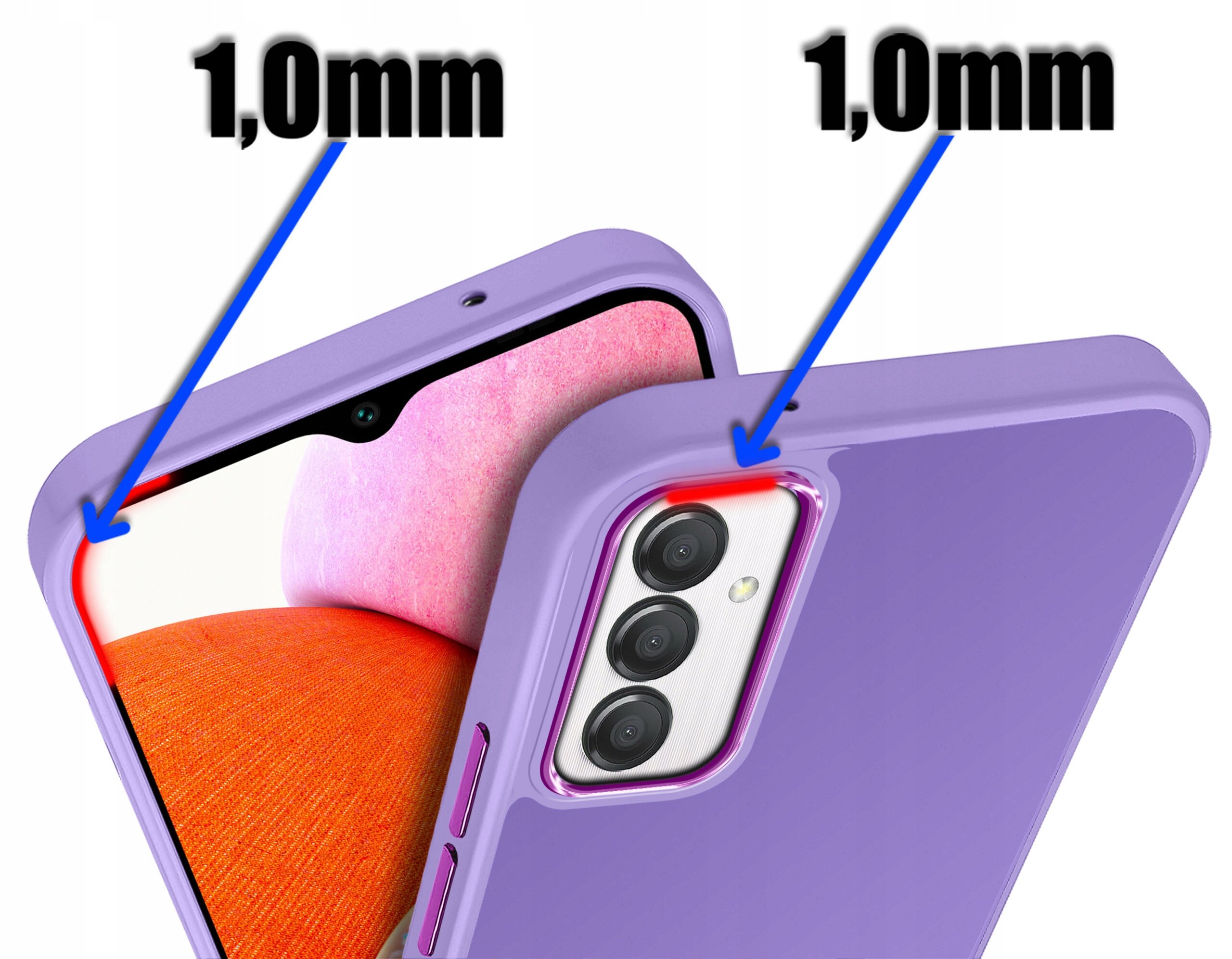 Obraz przedstawia fioletowe etui na telefon z trzema aparatami, z zaznaczeniem grubości 1,0 mm przy krawędziach. Widoczny jest również fragment ekranu telefonu z kolorowym tłem.
