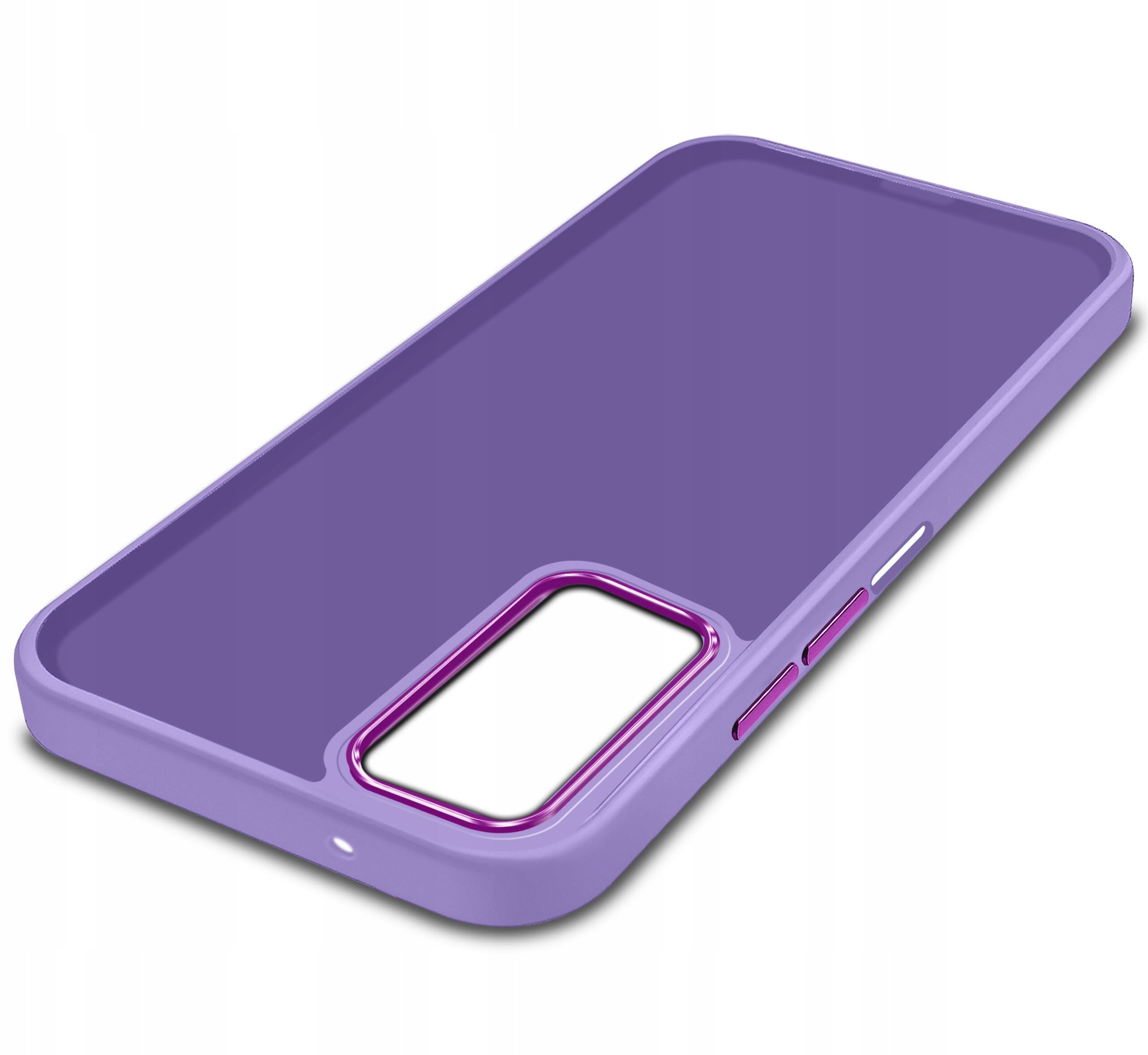 Fioletowe etui na telefon z wycięciem na aparat i przyciski boczne w kolorze różowym. Etui ma matowe wykończenie i jest przeznaczone do modelu Samsung Galaxy A25 5G.