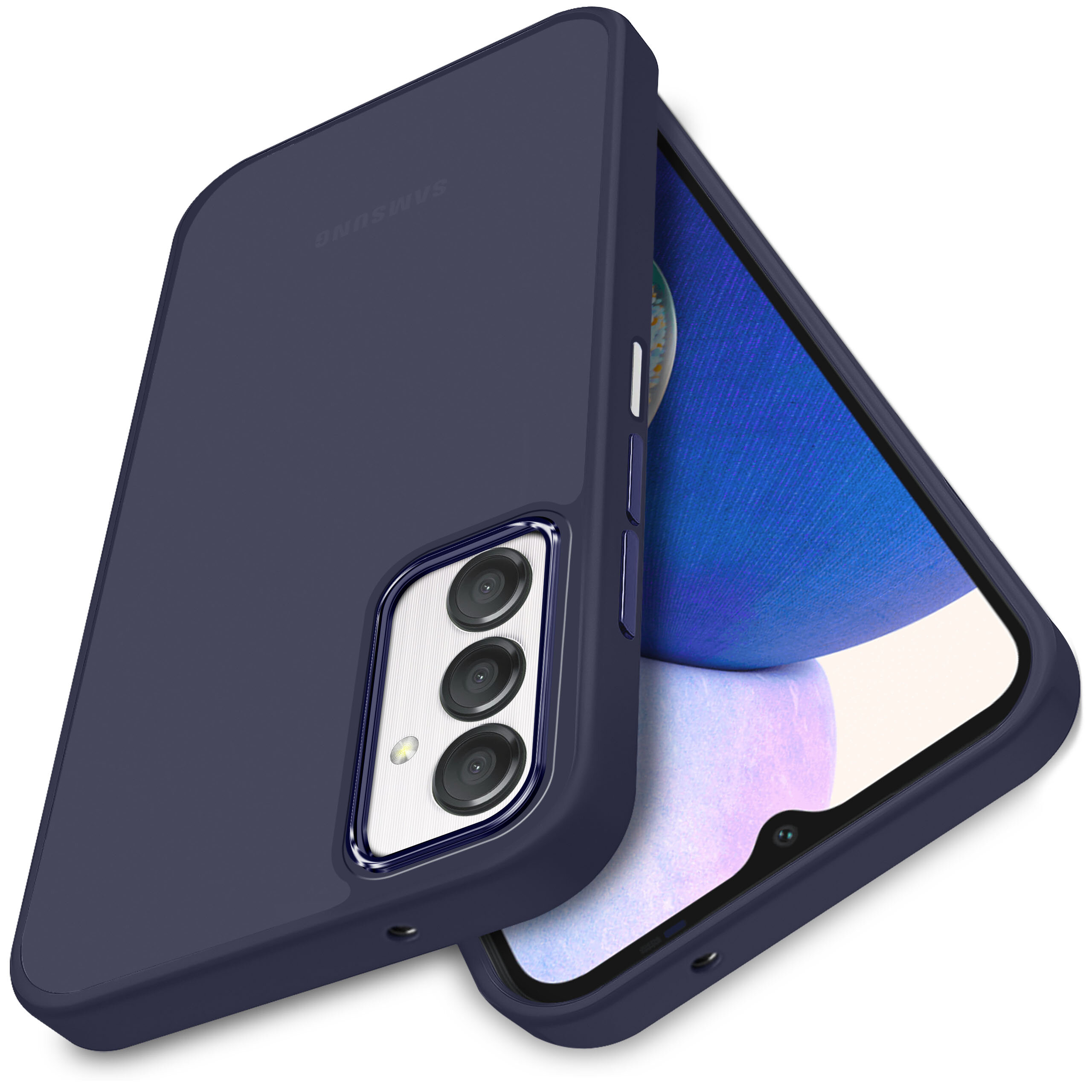 Etui do Samsung Galaxy A25 5G w kolorze granatowym, z trzema wycięciami na aparaty i przyciskami bocznymi. Na etui widoczny jest napis \'Samsung\'.
