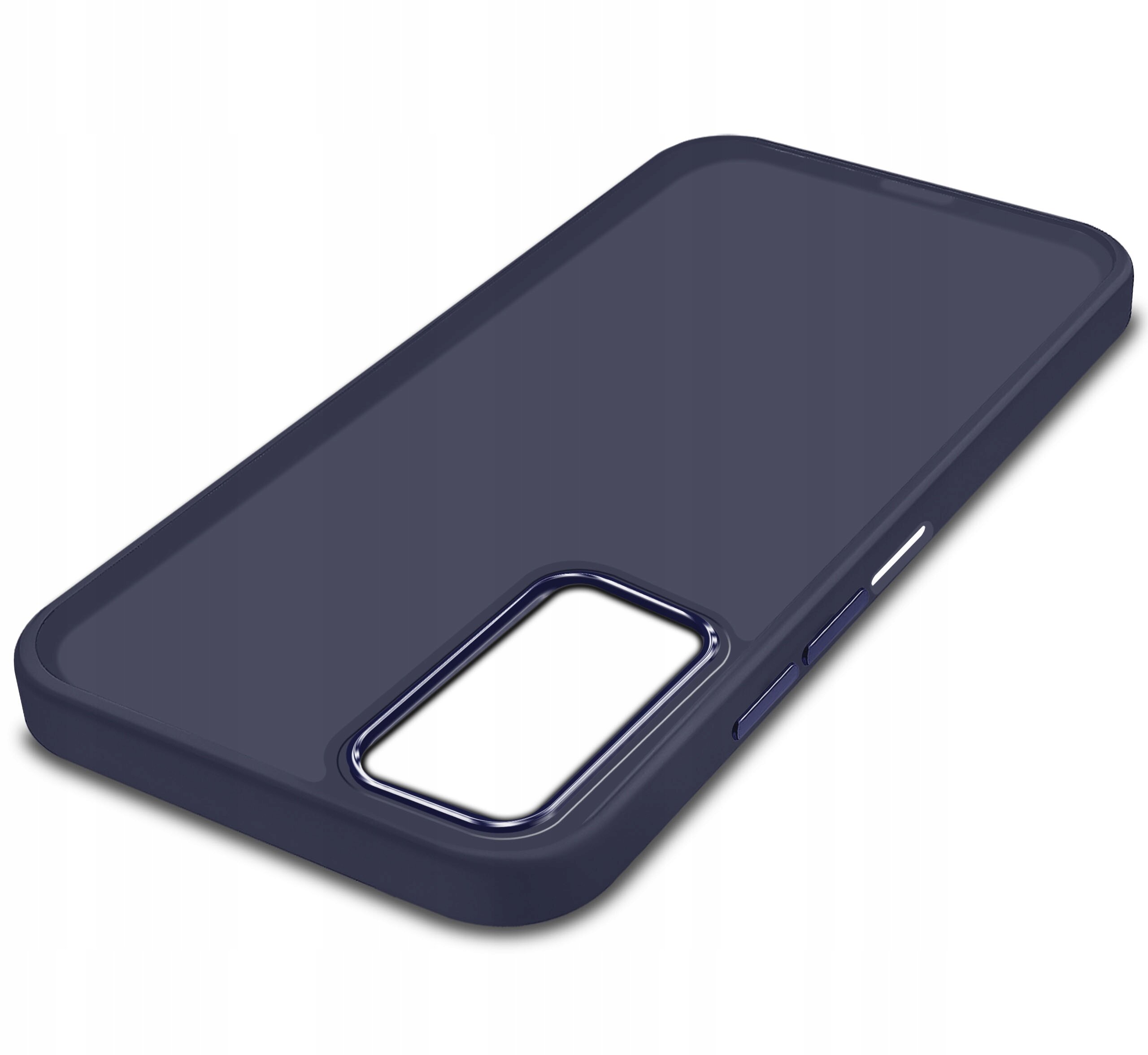 Na obrazie widoczne jest matowe etui na telefon w ciemnym kolorze z wycięciem na aparat. Etui posiada gładką powierzchnię i otwory na przyciski boczne.