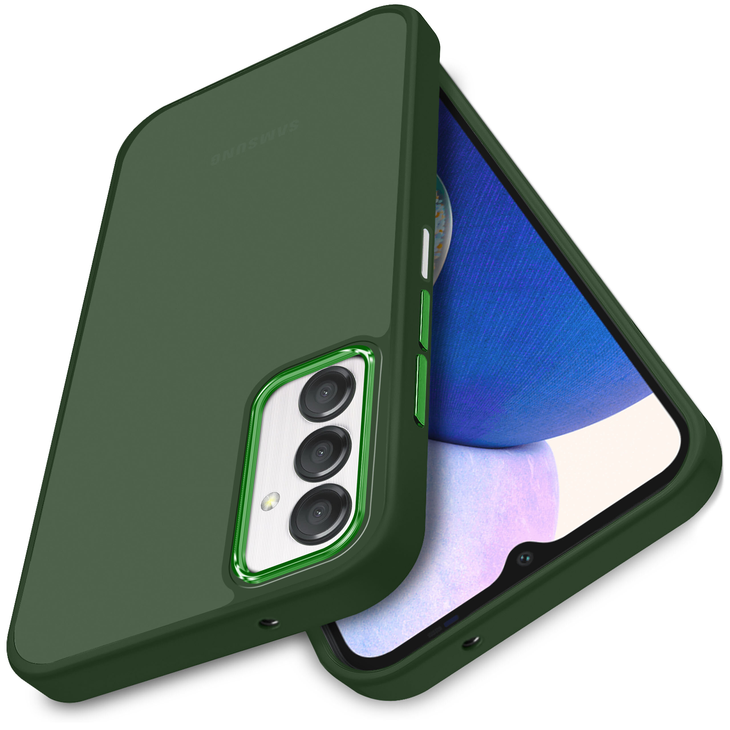 Zielone etui na telefon z trzema wycięciami na aparaty, widoczne na tle ekranu telefonu. Na etui znajduje się napis \'SAMSUNG\'.