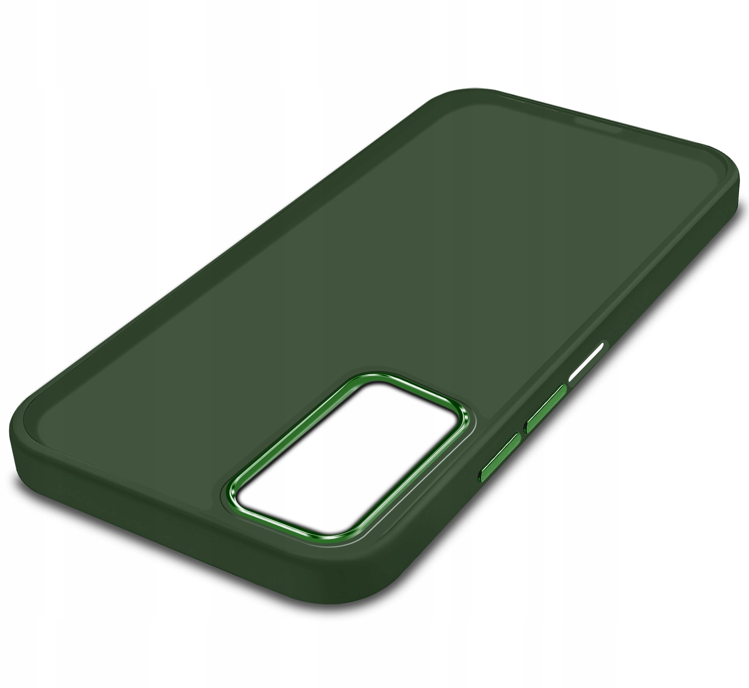 Matowe etui w kolorze ciemnozielonym z wycięciem na aparat i przyciski boczne. Etui ma satynowe wykończenie i jest przeznaczone do telefonu Samsung Galaxy A25 5G.