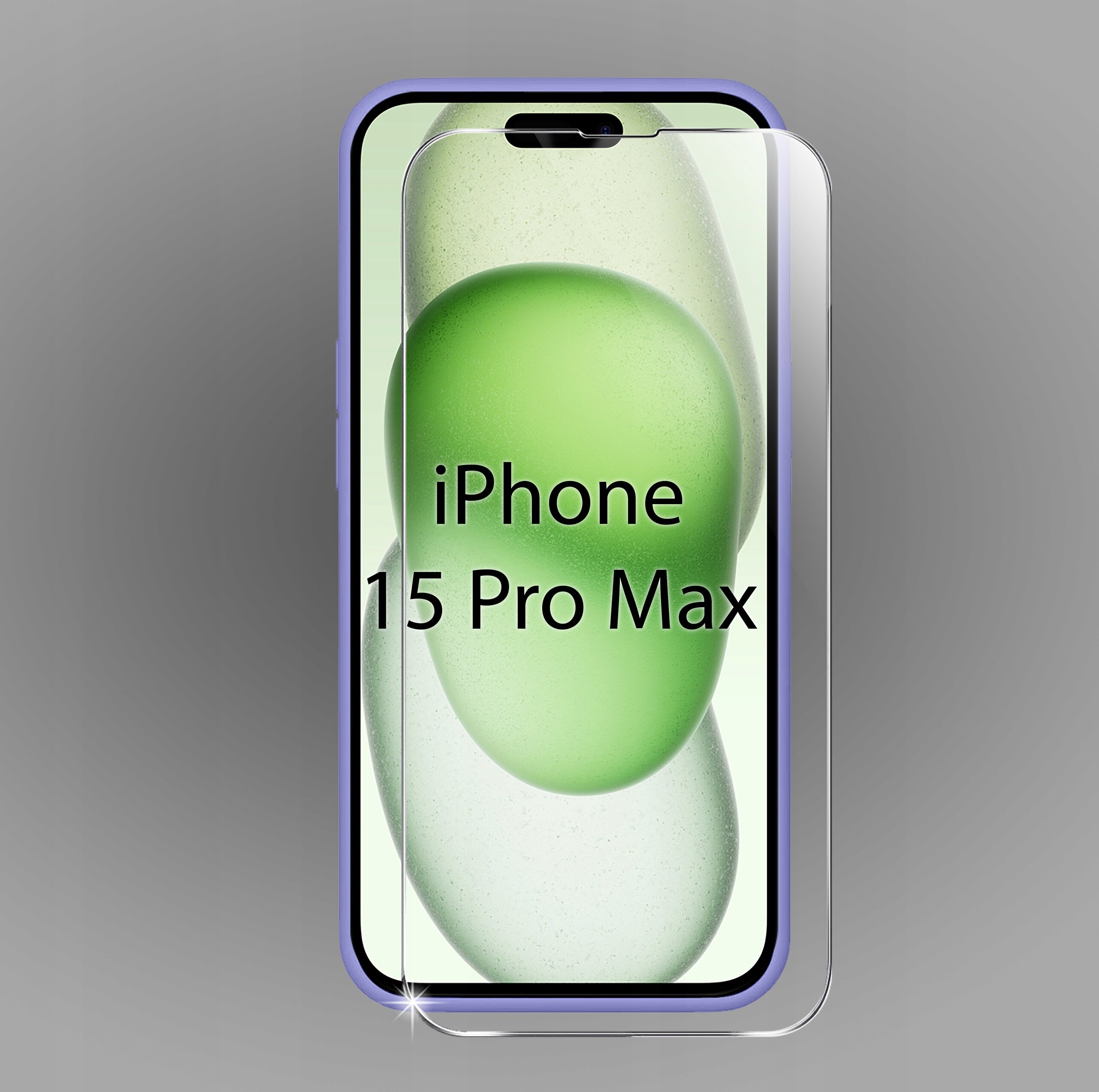 Obraz przedstawia telefon iPhone 15 Pro Max z nałożonym szkłem ochronnym. Na ekranie widoczny jest napis \'iPhone 15 Pro Max\' oraz zielony wzór w tle.