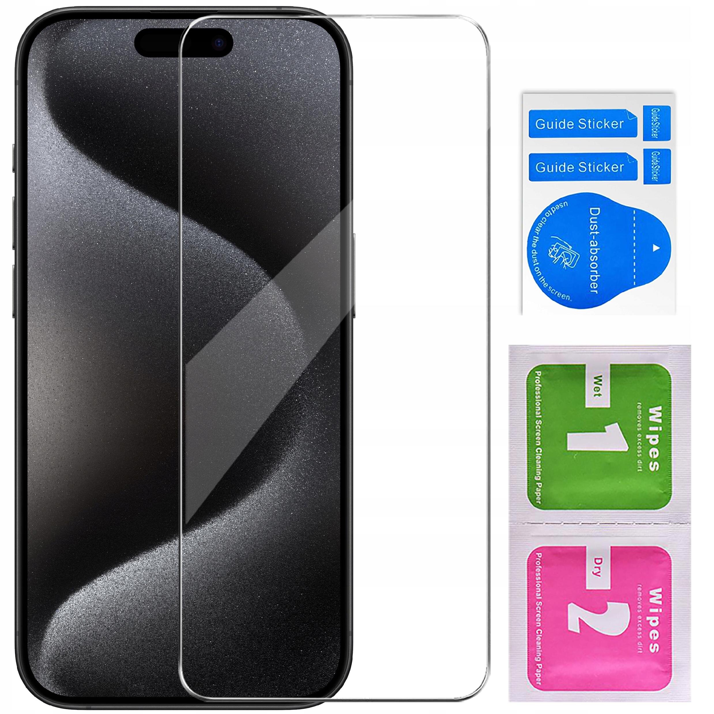 Na zdjęciu znajduje się etui do iPhone 15 Pro Max z matowym wykończeniem oraz szkło ochronne na ekran. Obok widoczne są naklejki \'Guide Sticker\', \'Dust-absorber\' oraz chusteczki \'Wet 1\' i \'Dry 2\'.