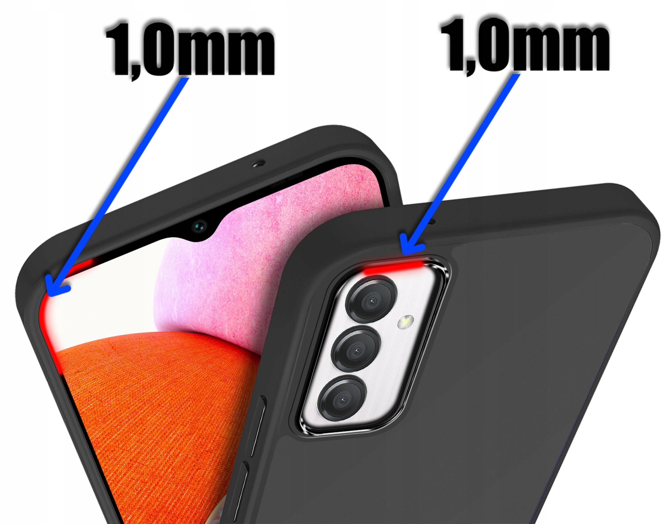 Obraz przedstawia czarne etui na telefon z trzema aparatami, z zaznaczeniem grubości 1,0 mm. W tle widoczny jest ekran telefonu z różowym i pomarańczowym tłem.