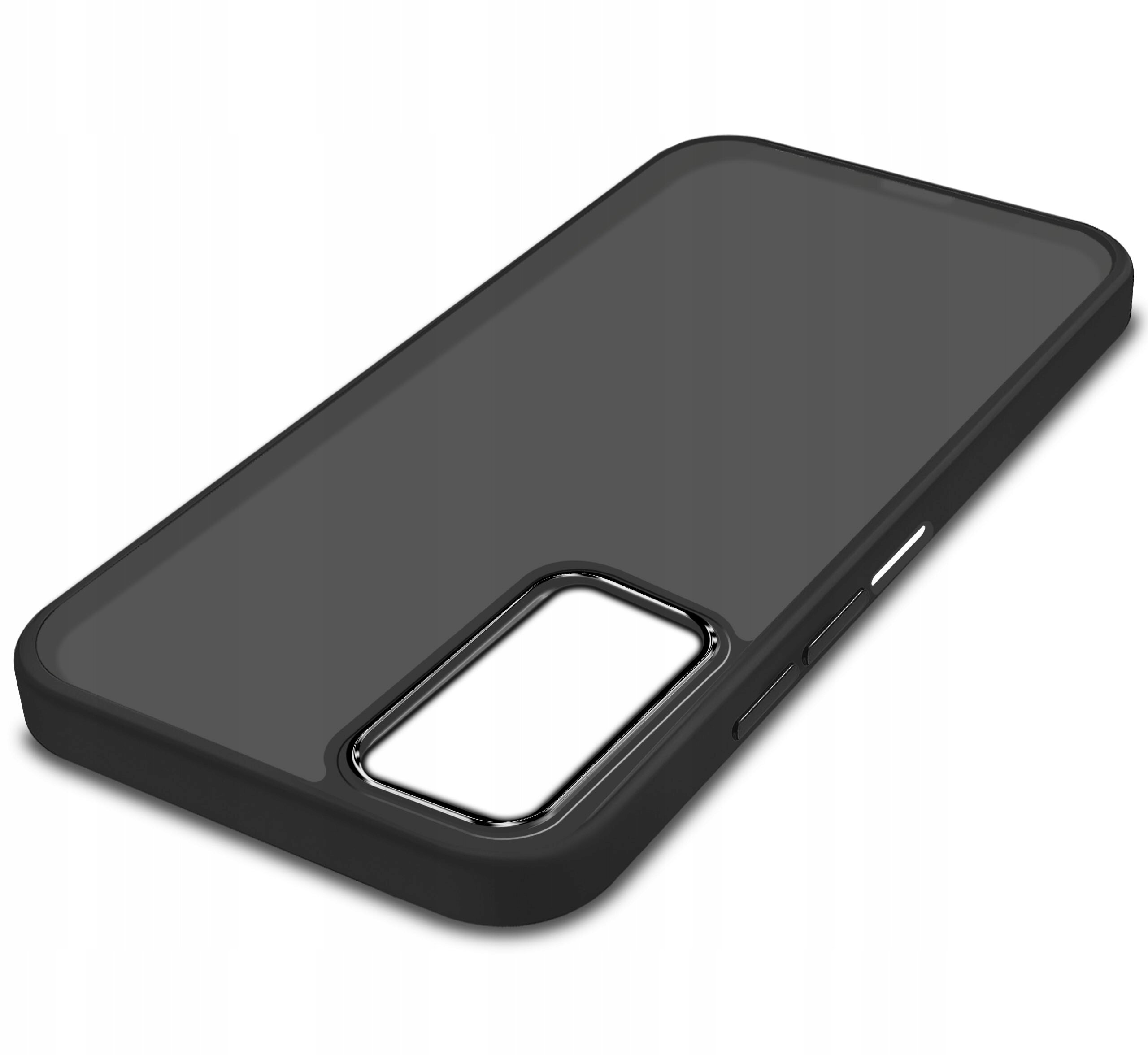 Czarne, matowe etui na telefon z wycięciem na aparat i przyciski boczne, przedstawione na białym tle.