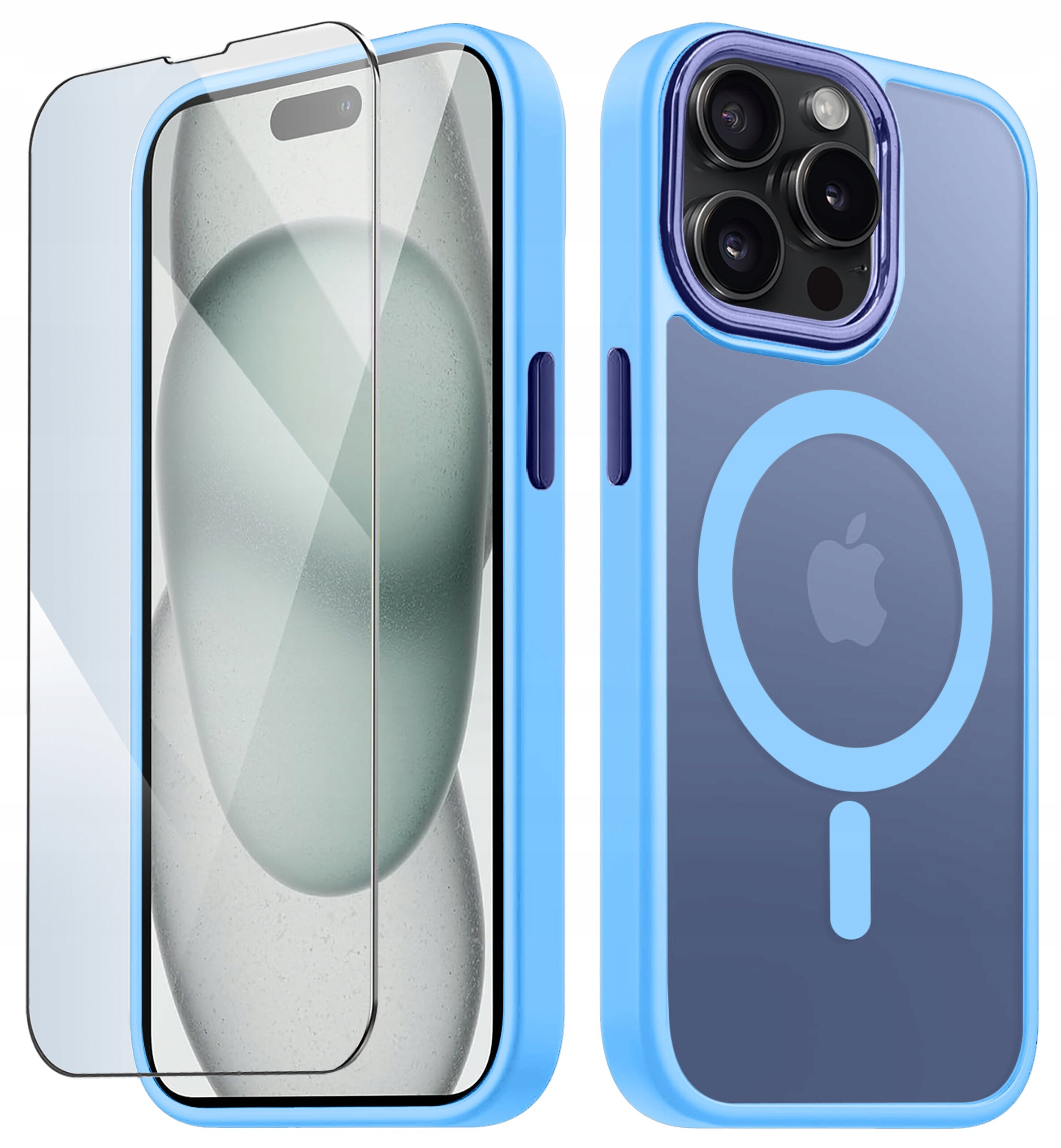 Obraz przedstawia niebieskie etui na telefon z przezroczystym tyłem i okrągłym symbolem, obok znajduje się szkło ochronne na ekran. Na etui widoczne jest logo w kształcie jabłka.