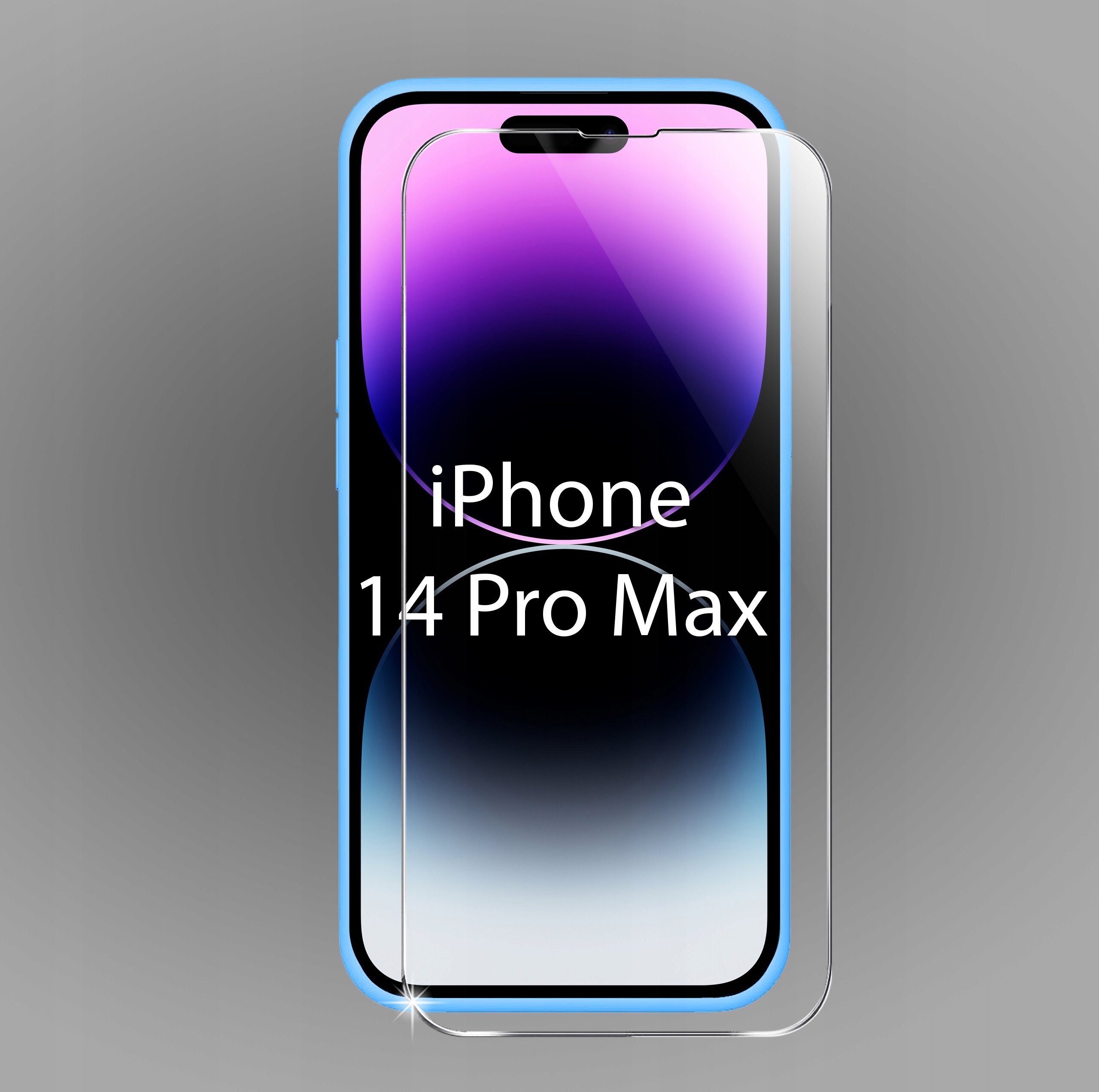 Obraz przedstawia etui na telefon iPhone 14 Pro Max z przezroczystym szkłem ochronnym na ekranie. Na ekranie widoczny jest napis \'iPhone 14 Pro Max\'.