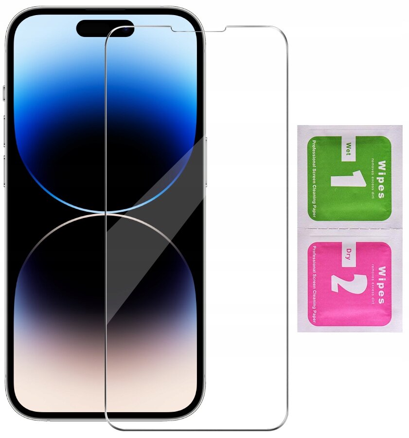 Na obrazie widoczny jest telefon z nałożonym szkłem ochronnym oraz dwa opakowania chusteczek do czyszczenia ekranu oznaczone jako \'1 Wet\' i \'2 Dry\'.