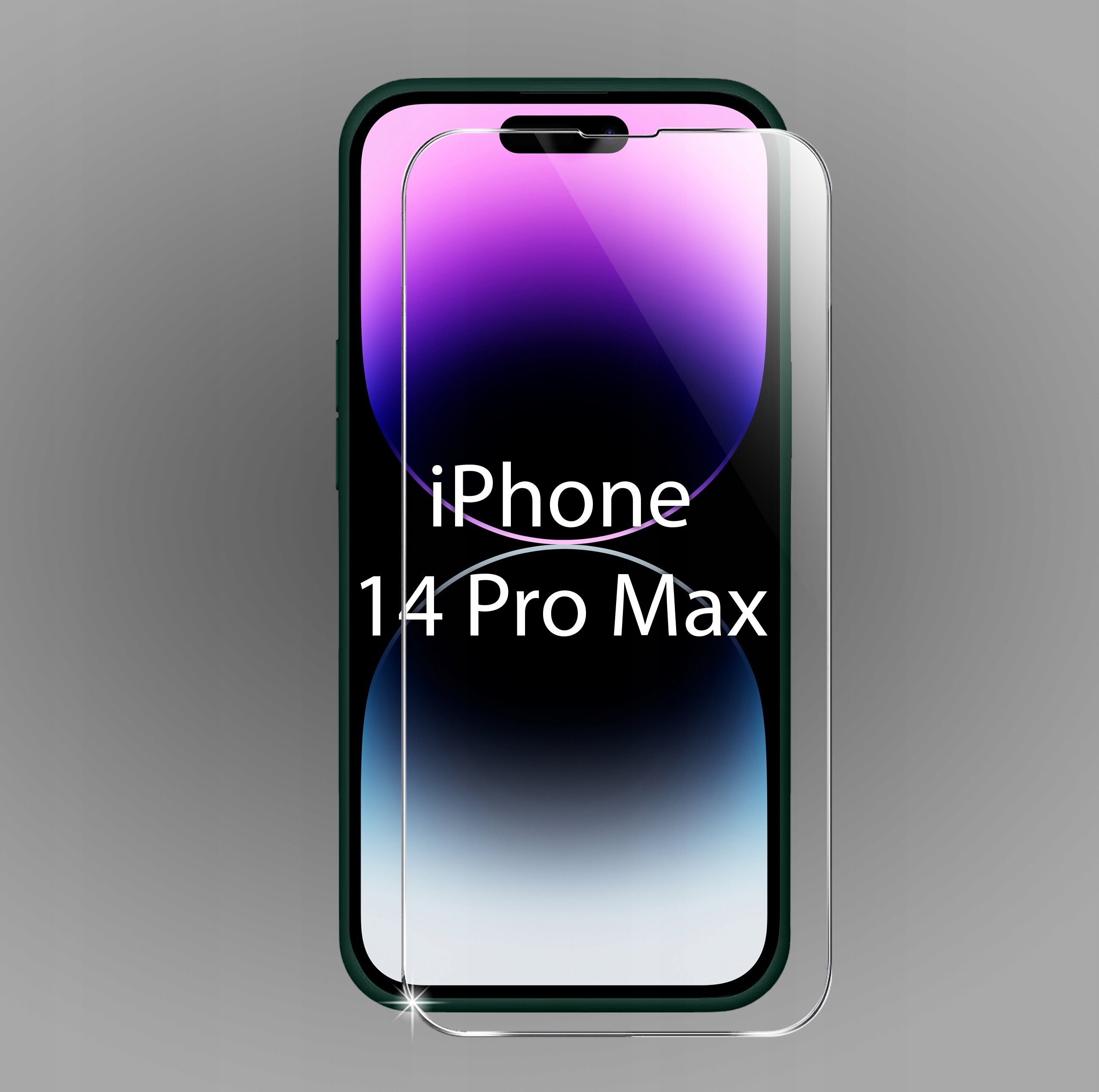Na zdjęciu widoczny jest telefon z nałożonym szkłem ochronnym, na ekranie którego znajduje się napis \'iPhone 14 Pro Max\'. Tło jest jednolite i szare.