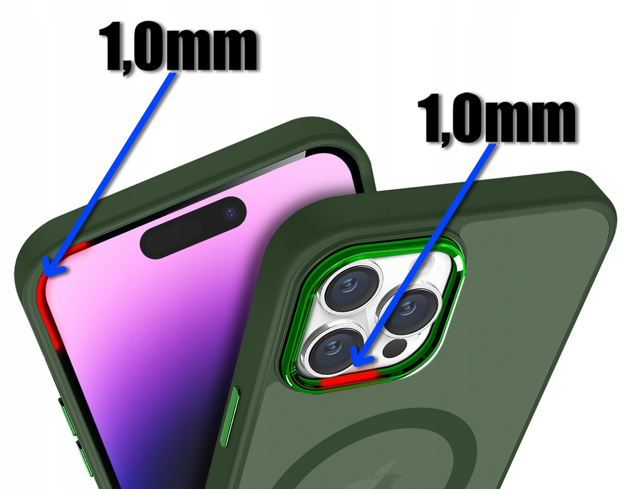 Obraz przedstawia zielone etui na telefon z widocznymi aparatami i oznaczeniem grubości 1,0 mm. Etui jest dopasowane do telefonu z fioletowym ekranem.