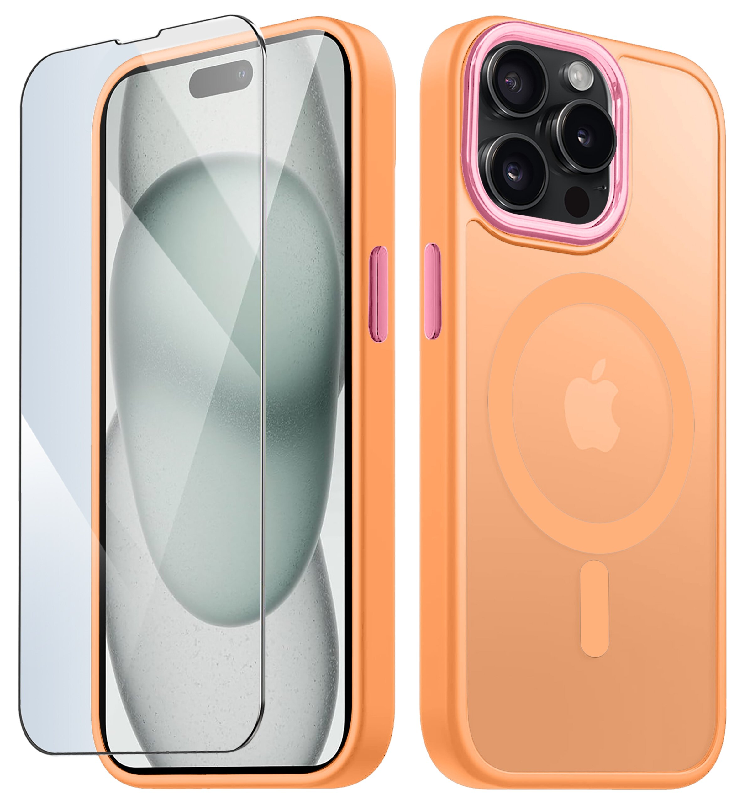 Na zdjęciu widoczne jest pomarańczowe etui do iPhone 14 Pro Max z funkcją MagSafe oraz szkło ochronne na ekran. Na etui znajduje się logo w kształcie nadgryzionego jabłka.