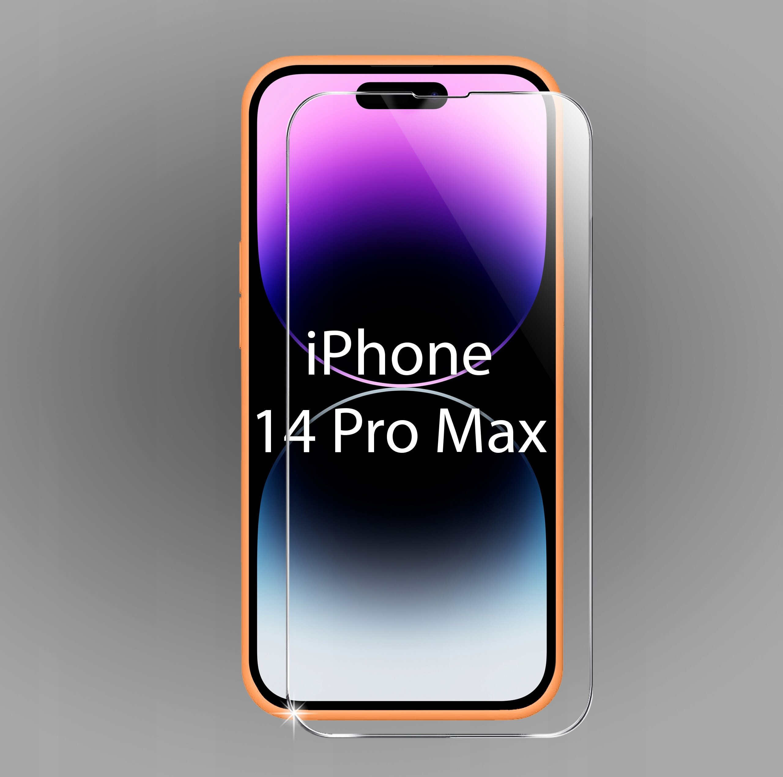 Obraz przedstawia telefon iPhone 14 Pro Max z nałożonym szkłem ochronnym. Na ekranie widoczny jest napis \'iPhone 14 Pro Max\'.