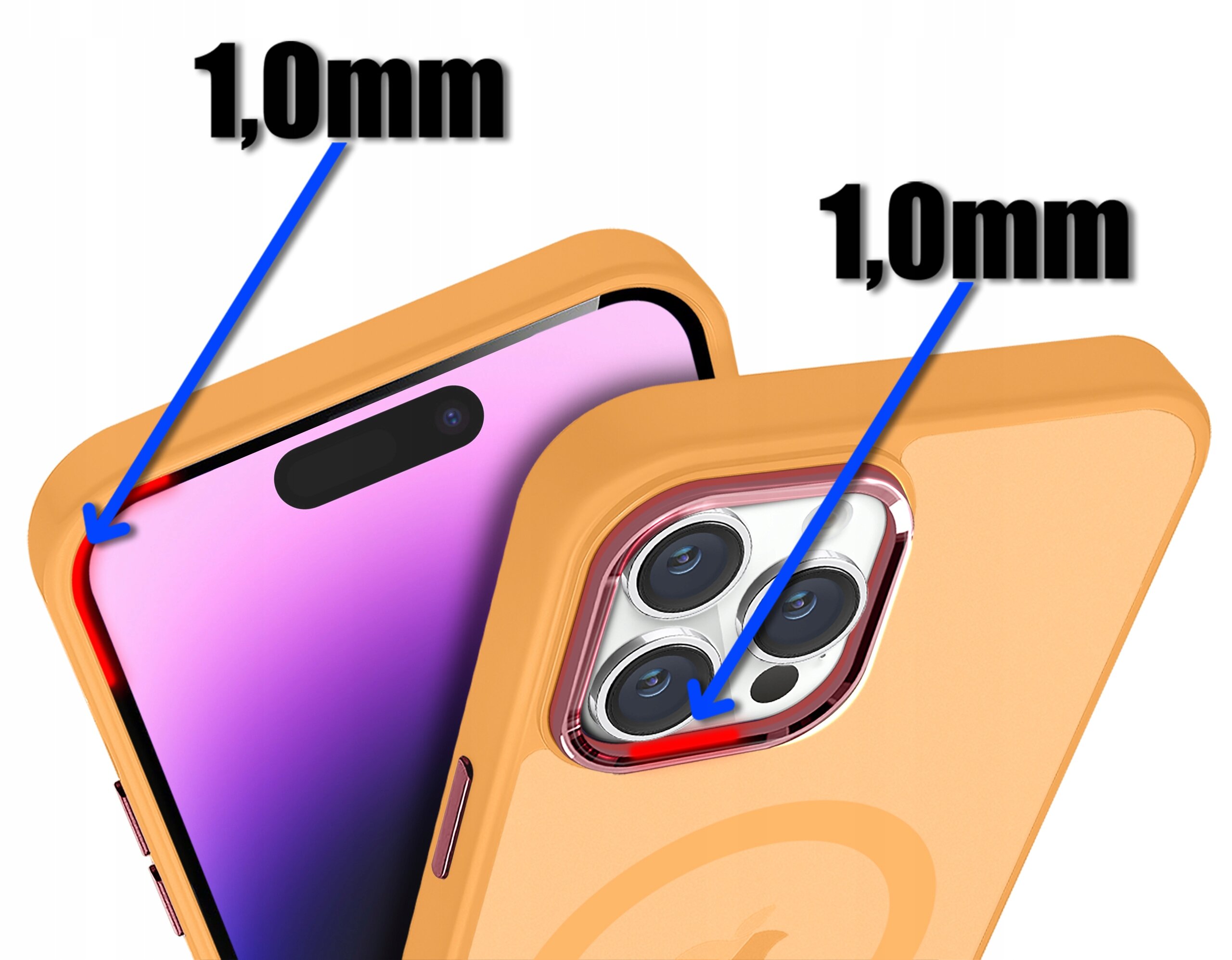 Obraz przedstawia dwa pomarańczowe etui na iPhone 14 Pro Max z oznaczeniem \'1,0mm\' wskazującym na grubość krawędzi, z niebieskimi strzałkami pokazującymi szczegóły konstrukcji. Tło jest białe i jednolite.