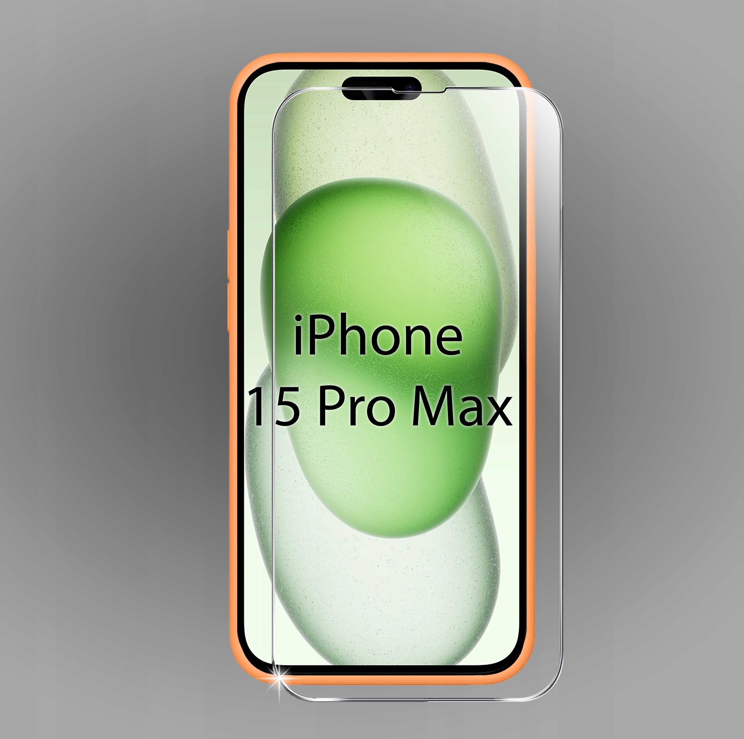 Obraz przedstawia telefon iPhone 15 Pro Max z nałożonym szkłem ochronnym. Na ekranie widoczny jest napis \'iPhone 15 Pro Max\'.