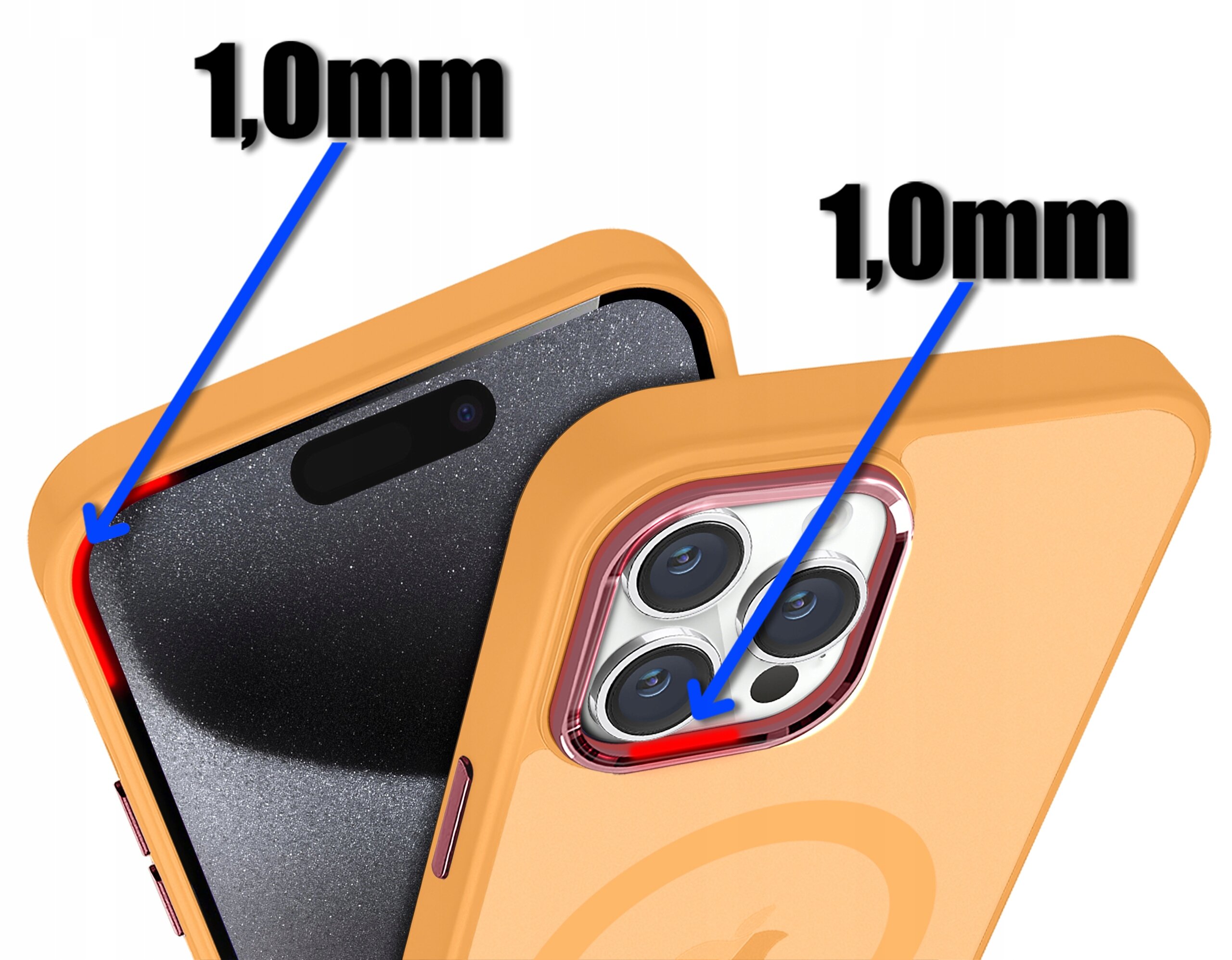 Zdjęcie przedstawia pomarańczowe etui na telefon z widocznymi napisami \'1,0mm\' wskazującymi na grubość krawędzi wokół ekranu i aparatu.