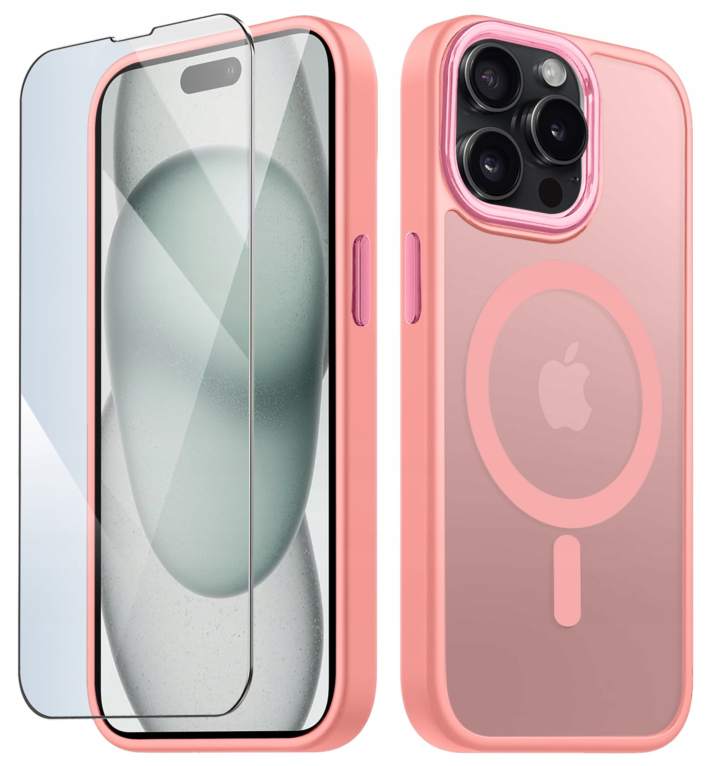 Na zdjęciu widoczne jest różowe etui do iPhone 14 Pro Max z funkcją MagSafe oraz szkło ochronne na ekran. Na etui znajduje się logo w kształcie nadgryzionego jabłka.