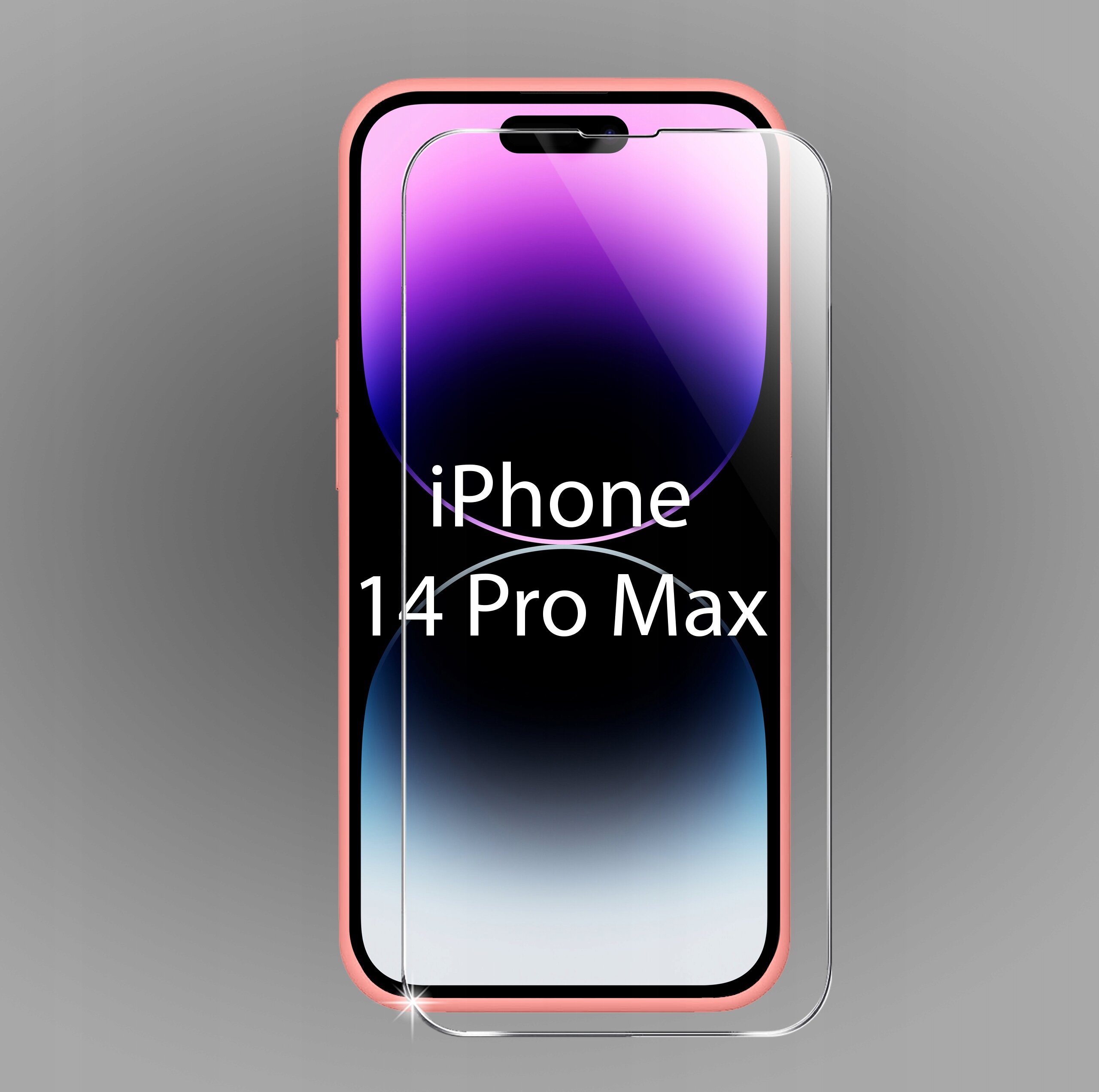 Obraz przedstawia etui na telefon iPhone 14 Pro Max w kolorze różowym oraz szkło ochronne na ekran. Na ekranie telefonu widoczny jest napis \'iPhone 14 Pro Max\'.