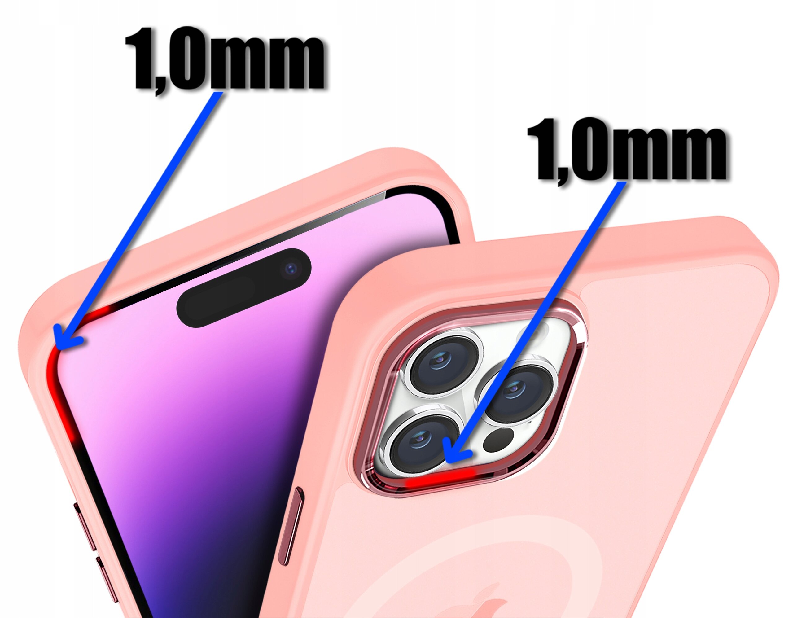 Zdjęcie przedstawia różowe etui na telefon z widocznymi napisami \'1,0mm\' wskazującymi na grubość krawędzi, z niebieskimi strzałkami skierowanymi na ekran i aparat telefonu.
