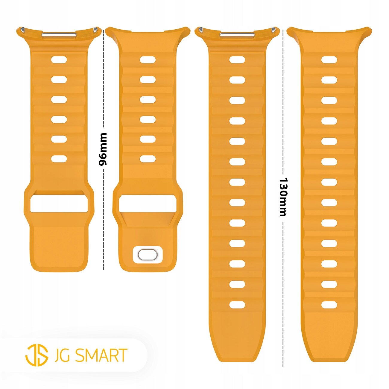 Zdjęcie przedstawia pomarańczowy silikonowy pasek do zegarka z oznaczeniami długości 96mm i 130mm. W lewym dolnym rogu widoczne jest logo \'JG SMART\'.