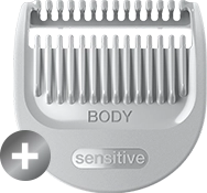 Srebrna nasadka trymera z widocznymi ząbkami i napisami \'BODY\' oraz \'sensitive\'. W lewym dolnym rogu znajduje się symbol plusa na szarym tle.