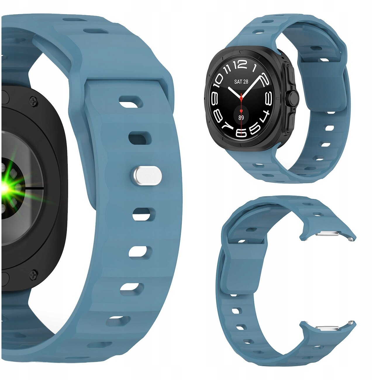 Zdjęcie przedstawia niebieski silikonowy pasek do zegarka, kompatybilny z Samsung Galaxy Watch Ultra 47mm, z widocznymi otworami i zapięciem. Obok paska znajduje się zegarek z czarną tarczą i białymi cyframi.