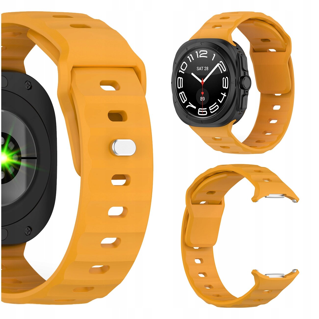Zdjęcie przedstawia żółty silikonowy pasek do zegarka, kompatybilny z Samsung Galaxy Watch Ultra 47mm, z widocznym zapięciem i otworami na całej długości. Na zdjęciu nie ma widocznego tekstu ani logo.