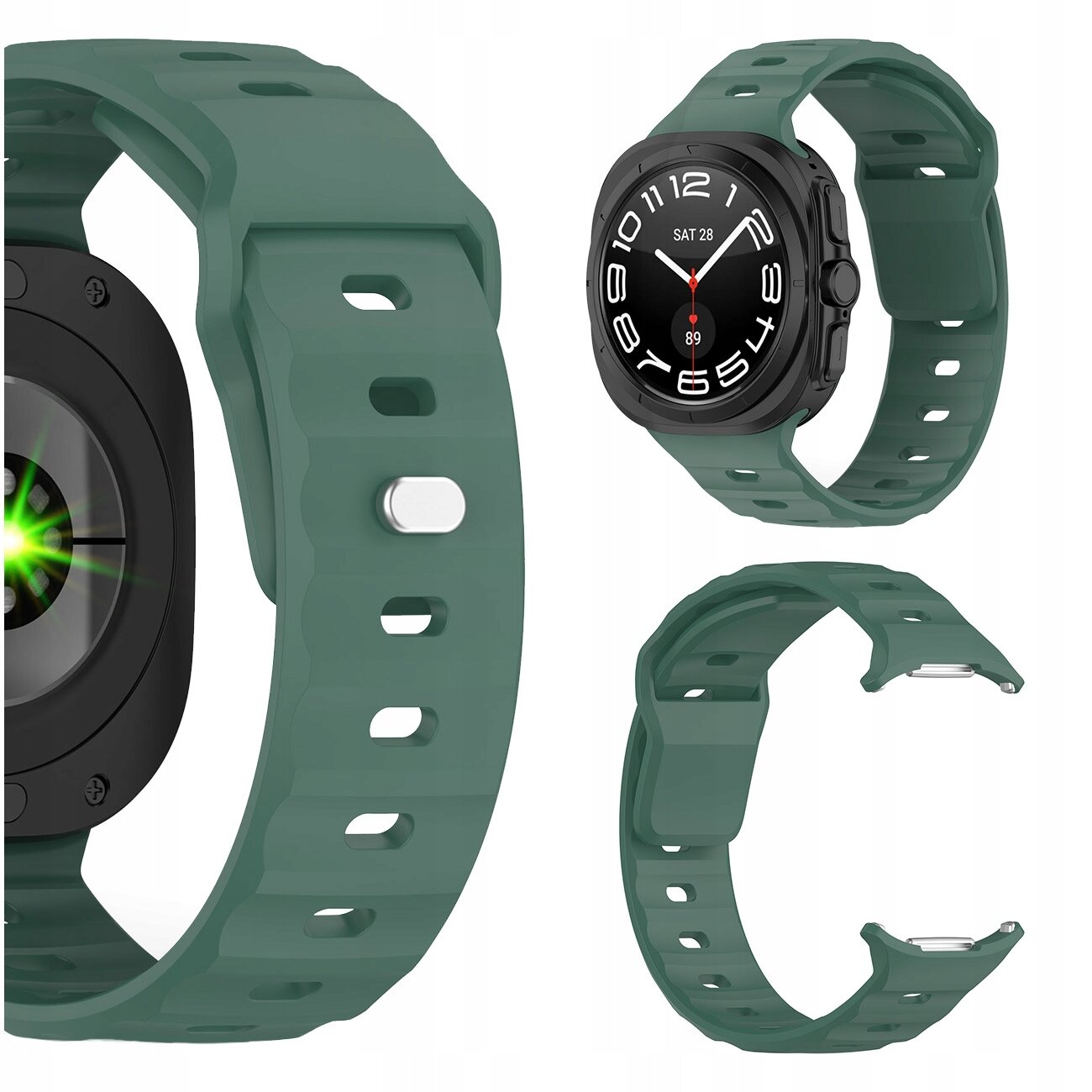Zdjęcie przedstawia zielony silikonowy pasek do zegarka, kompatybilny z Samsung Galaxy Watch Ultra 47mm, z widocznym zegarkiem o czarnej kopercie i tarczy z białymi cyframi oraz czerwonym sekundnikiem.