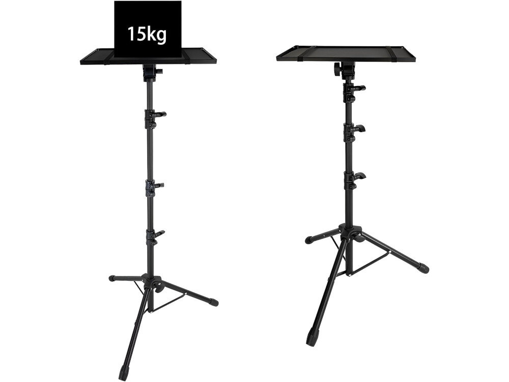 Dwa czarne statywy z regulowaną wysokością, każdy z płaską platformą na górze. Na jednym z nich widoczny jest napis \'15kg\'.
