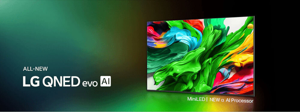 Obraz przedstawia telewizor z kolorowym wyświetlaczem, obok którego znajduje się tekst: \'ALL-NEW LG QNED evo AI\'. Na dole widnieje napis: \'MiniLED | NEW α AI Processor\'.