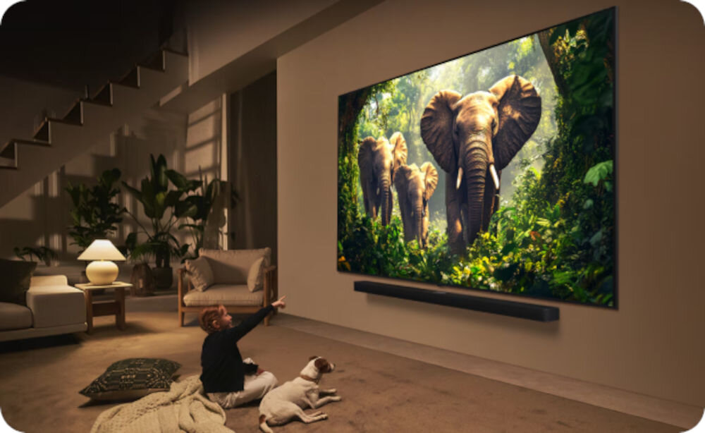 W salonie na ścianie wisi duży telewizor wyświetlający obraz trzech słoni w dżungli. Przed telewizorem siedzi dziecko z psem, a obok znajduje się stolik z lampką i rośliny.
