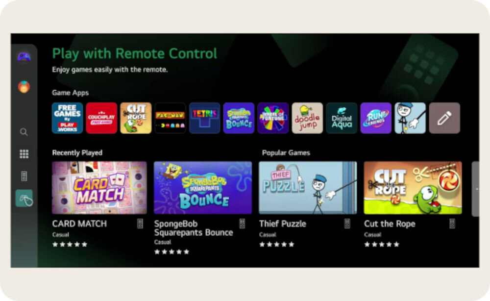 Ekran telewizora pokazuje interfejs z aplikacjami do gier, takimi jak \'Free Games\', \'Cut the Rope\', \'Tetris\' i \'SpongeBob Squarepants Bounce\'. Widoczne są sekcje \'Recently Played\' i \'Popular Games\' z ocenami w postaci gwiazdek.