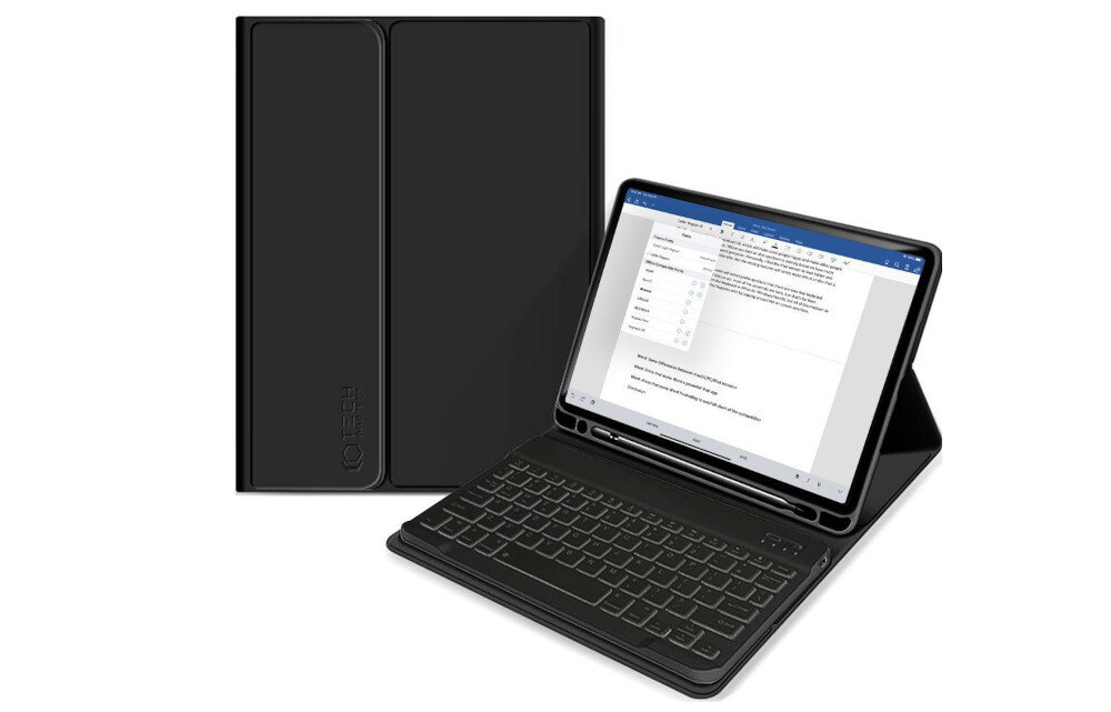 Czarne etui na iPad z klawiaturą, na ekranie widoczny jest edytor tekstu z otwartym dokumentem. Na etui znajduje się logo TECH-PROTECT.