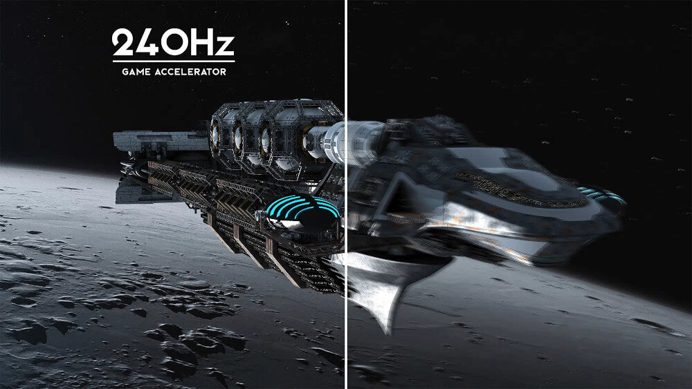Obraz przedstawia statek kosmiczny na tle powierzchni księżyca, z widocznym podziałem na dwie części. Po lewej stronie znajduje się tekst \'240Hz GAME ACCELERATOR\'.