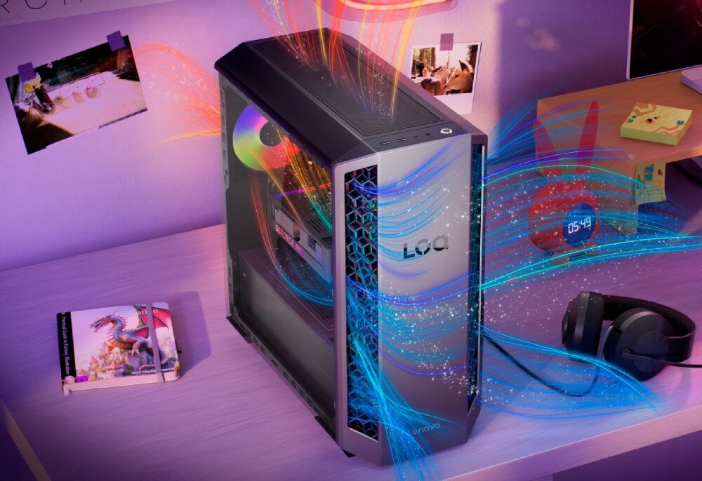 Komputer LENOVO LOQ Tower 26ADR10 Komputer stacjonarny na biurku z graficznie przedstawionym przepływem powietrza chłodzącego wnętrze obudowy