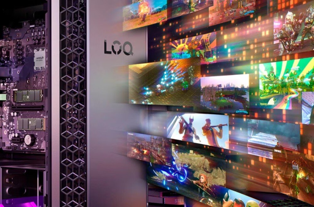 Komputer LENOVO LOQ Tower 26ADR10 Grafika przedstawiająca otwartą obudowę komputera z lewej strony oraz wyłaniające się z niej kafelki ze zdjęciami z gier