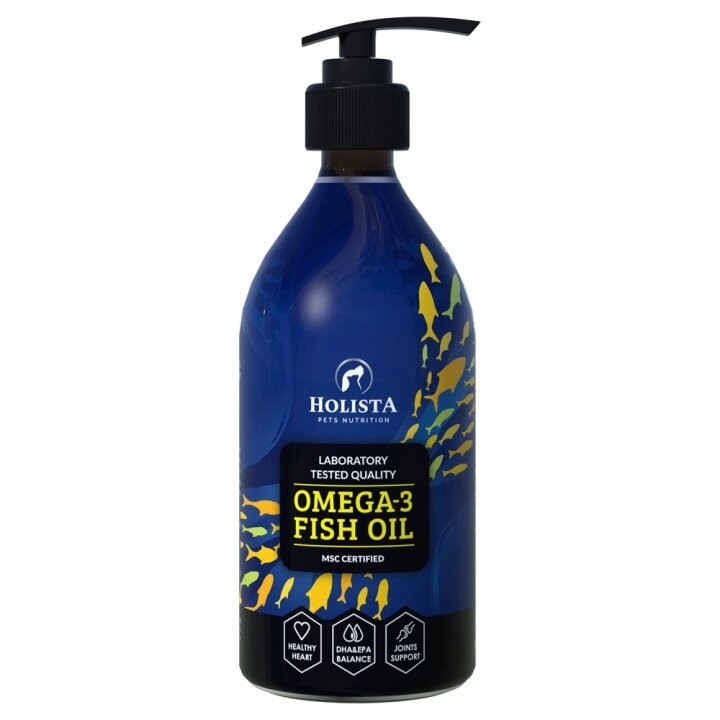 Butelka z pompką w kolorze niebieskim z etykietą \'HOLISTA PETS NUTRITION OMEGA-3 FISH OIL\'. Na etykiecie widnieją również napisy \'LABORATORY TESTED QUALITY\', \'MSC CERTIFIED\', \'HEALTHY HEART\', \'DHA/EPA BALANCE\', \'JOINTS SUPPORT\'.