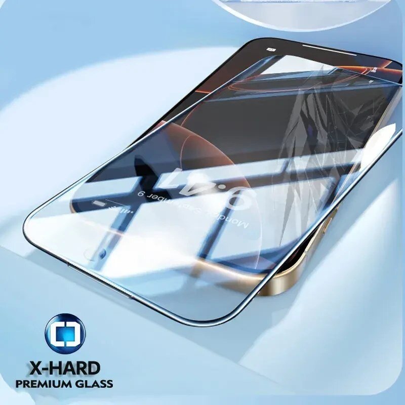 Na zdjęciu widoczne jest szkło hartowane na telefon, leżące na ekranie urządzenia, z napisem \'X-HARD PREMIUM GLASS\' oraz logo w lewym dolnym rogu.