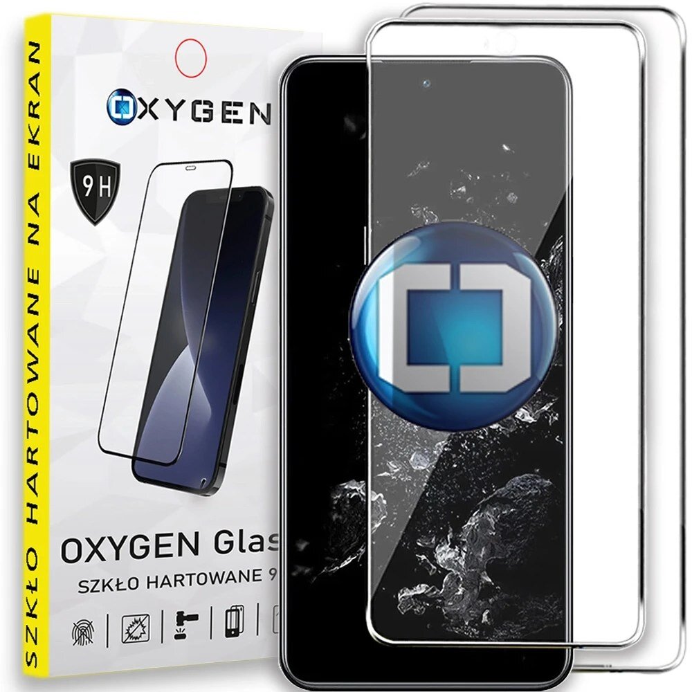 Opakowanie szkła hartowanego OXYGEN 9H na ekran telefonu z widocznym logo OXYGEN i napisem \'SZKŁO HARTOWANE 9H\'. Obok opakowania znajduje się telefon z nałożonym szkłem ochronnym.