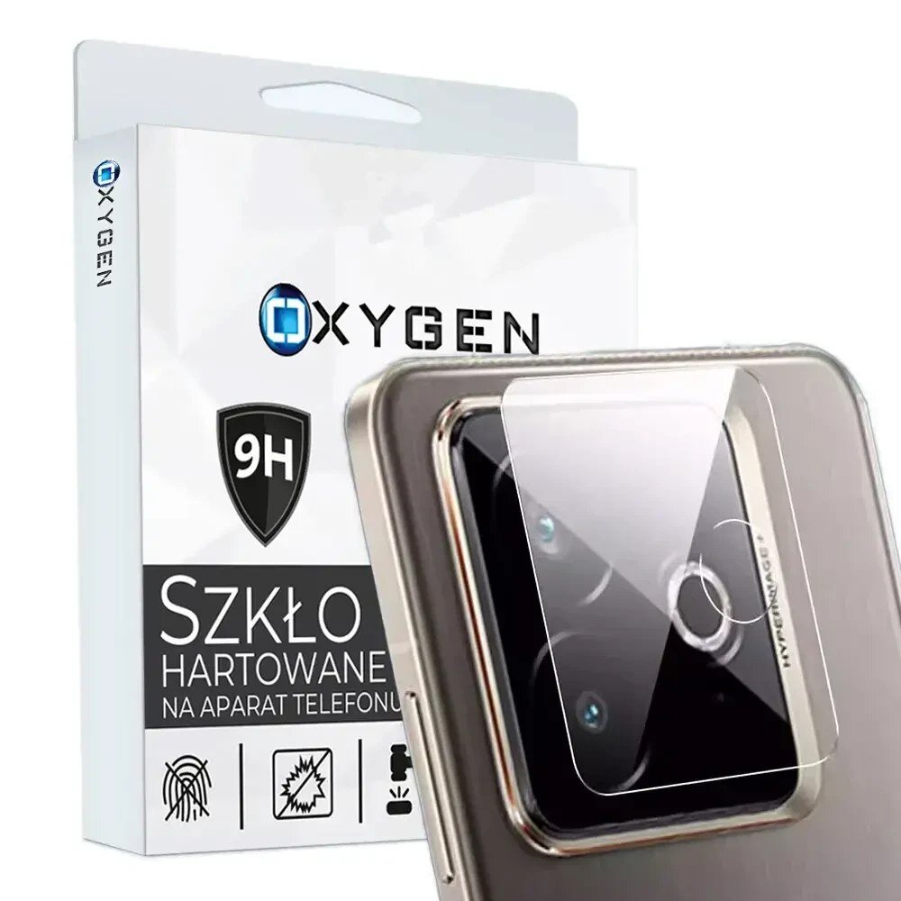 Na obrazie widoczna jest osłona na aparat telefonu z napisem \'OXYGEN\' oraz opakowanie z tekstem \'Szkło hartowane na aparat telefonu\'.