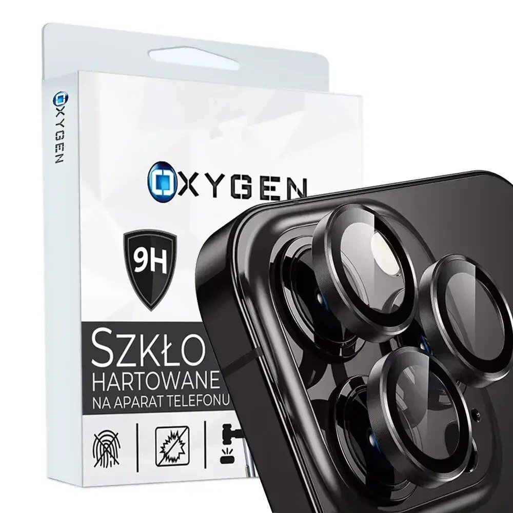 Opakowanie produktu z logo OXYGEN i napisem \'Szkło hartowane na aparat telefonu\'. Obok widoczny jest zestaw trzech soczewek ochronnych na aparat.